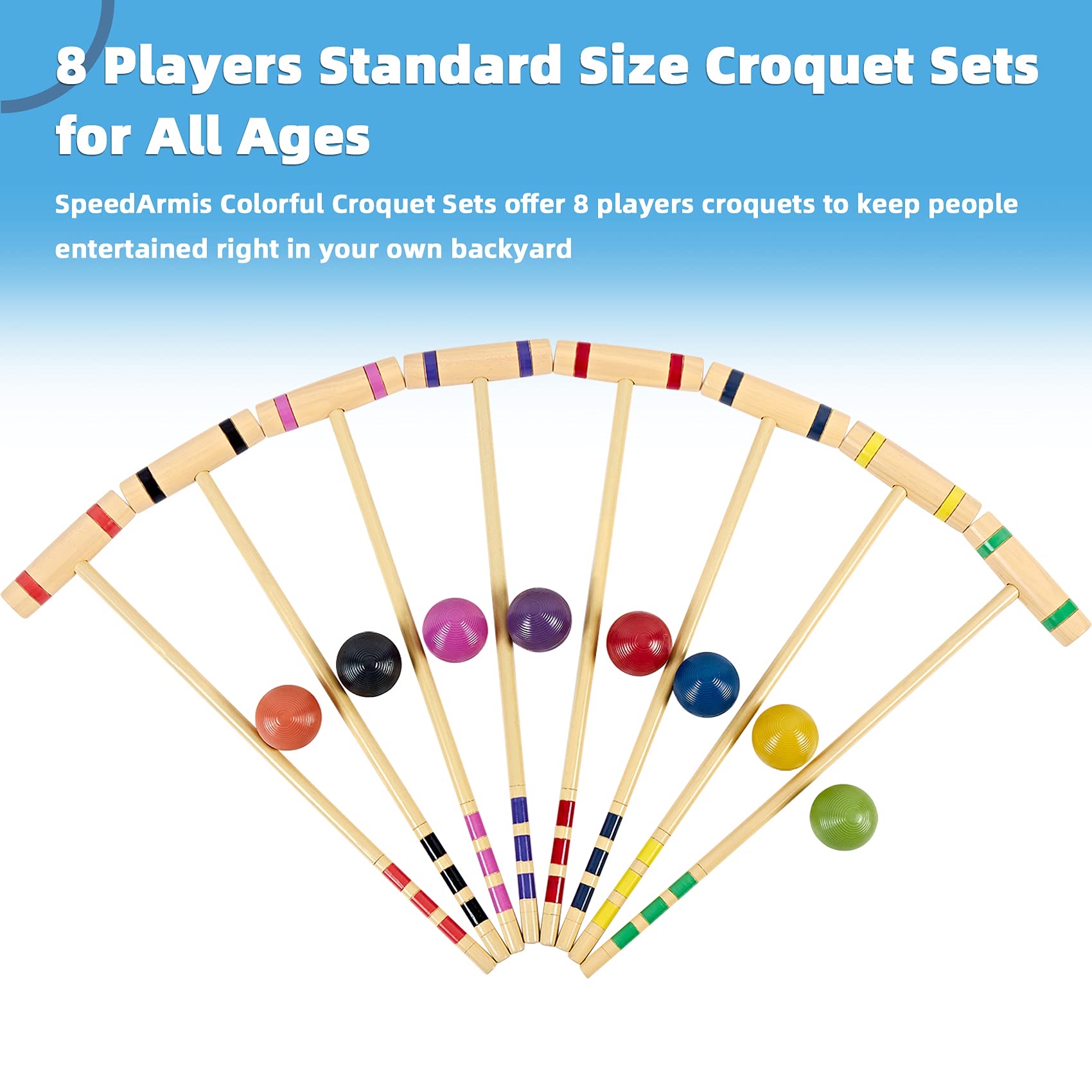 Speedarmis 8 Players Croquet Set - 28In Pine Wooden Mallets, Colored Pe Ball, Wickets, End Stakes, Lawn Backyard Outdoor Game Se