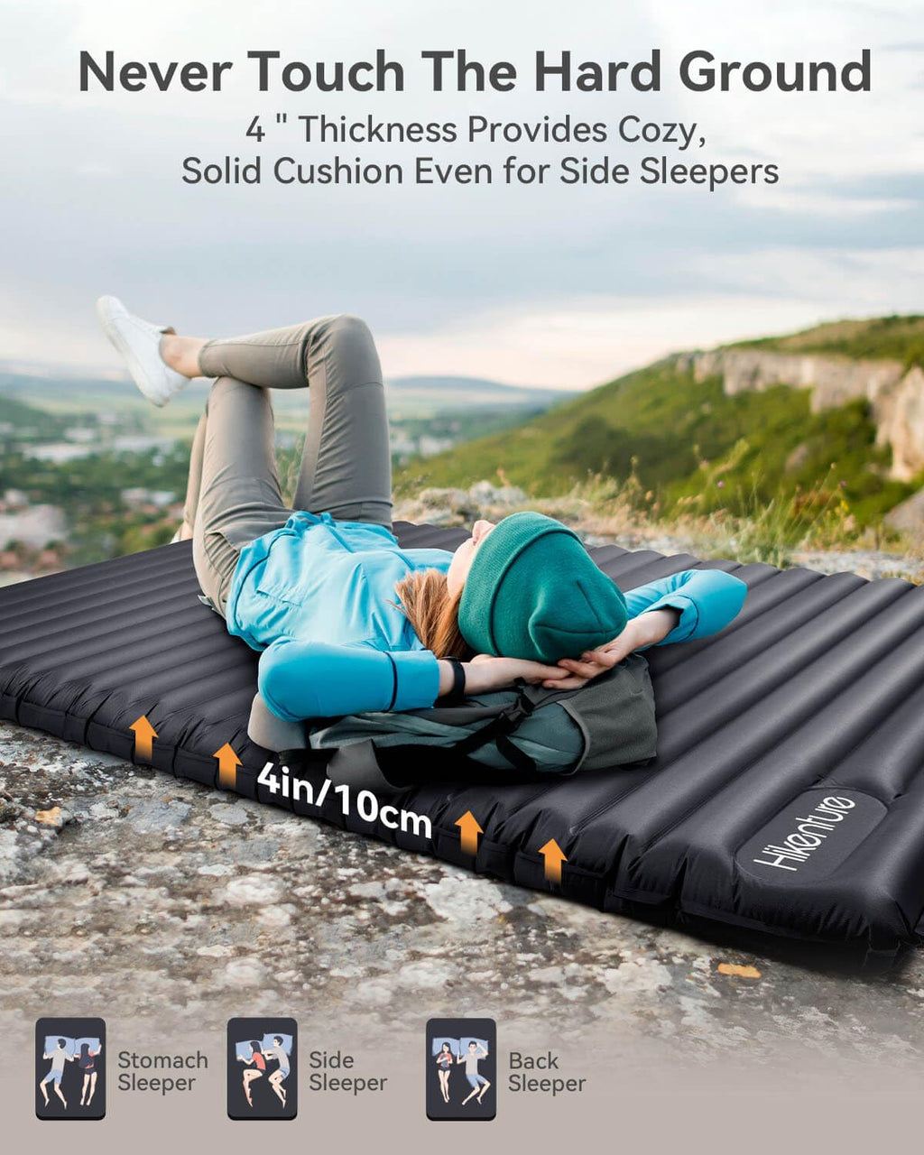 Hikenture Double Sleeping Pad For Camping, 4 Extra-Thick Camping Mattress 2 Person, Inflatable & Ultralight Sleeping Mat For Bac