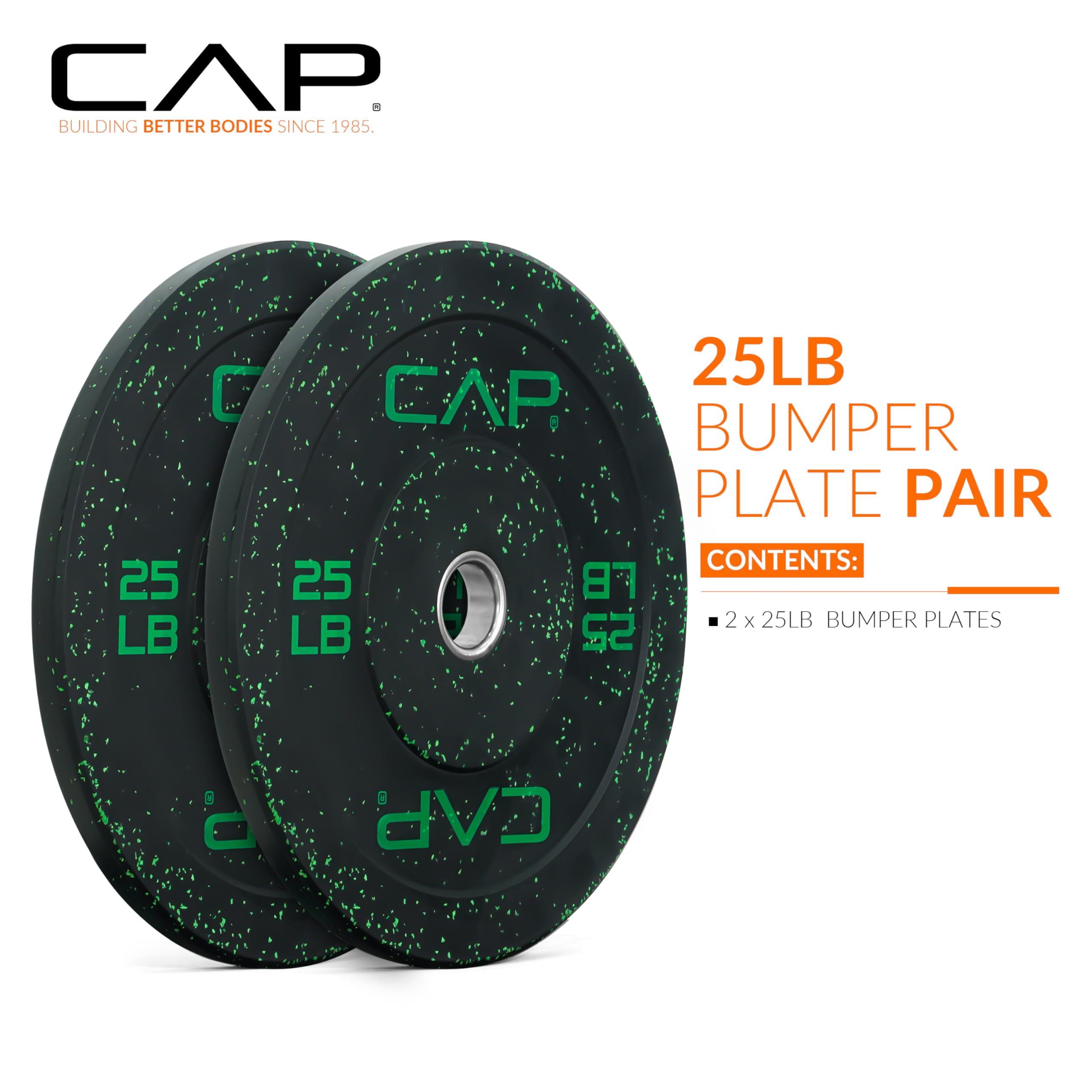 Cap Barbell Economy - Speckled Olympic Bumper Plate Set With Green Logo, Black, 25 Lb Pair