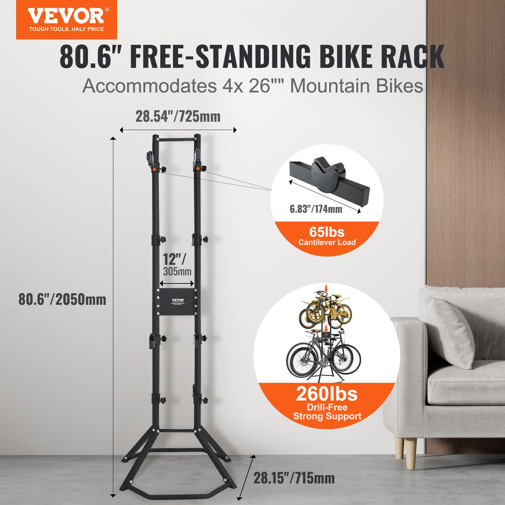 Vevor 4 Bike Storage Rack, Free Standing Gravity Wall Vertical Bike Rack, Fully Adjustable Bike Rack Garage, Sturdy Steel & Easy