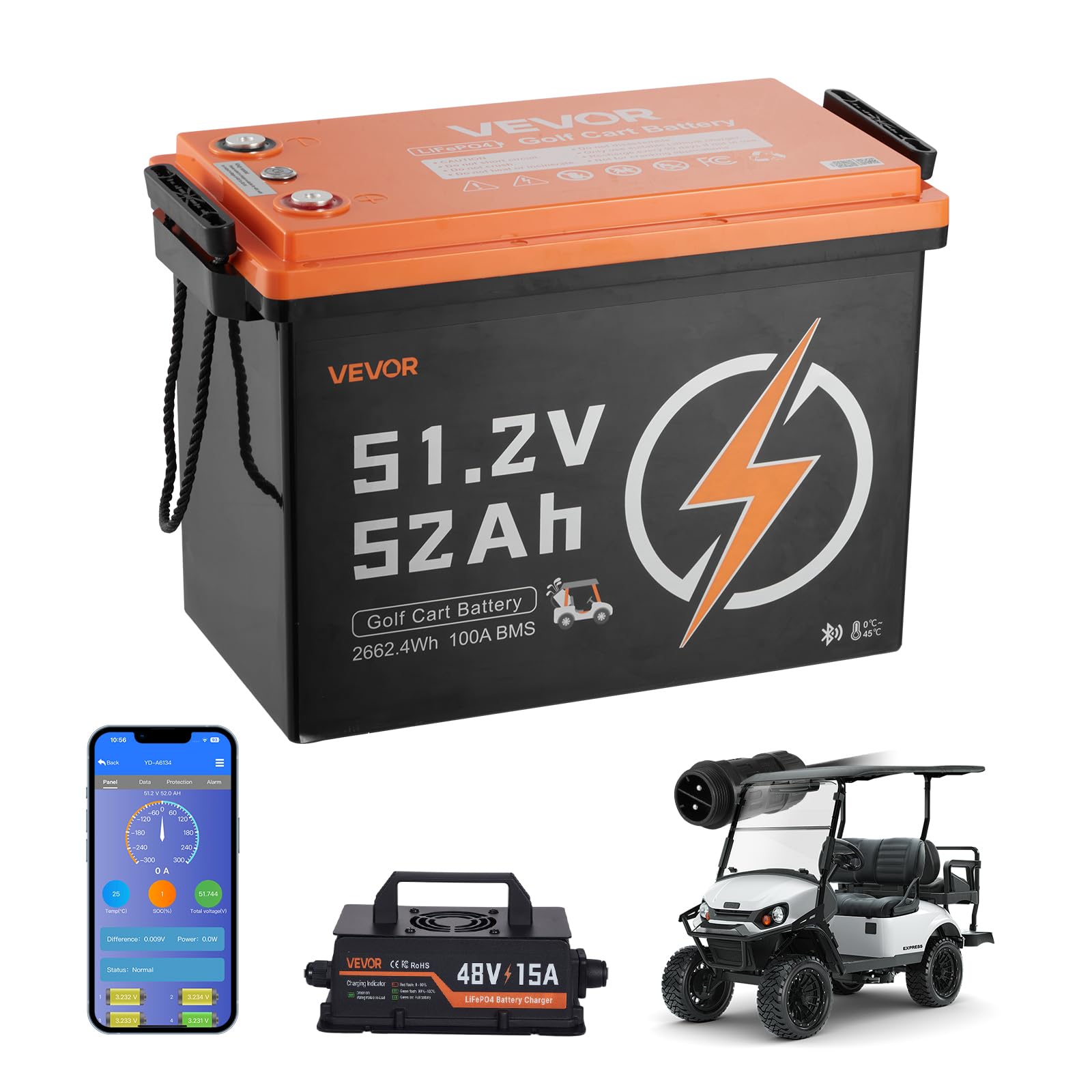 VEVOR 48V (51.2V) 52AH Lithium Golf Cart Battery, with 15A Charger, Lifepo4 Battery Kit, Built-in 100A BMS, 4000 Cycles, 2C Disc