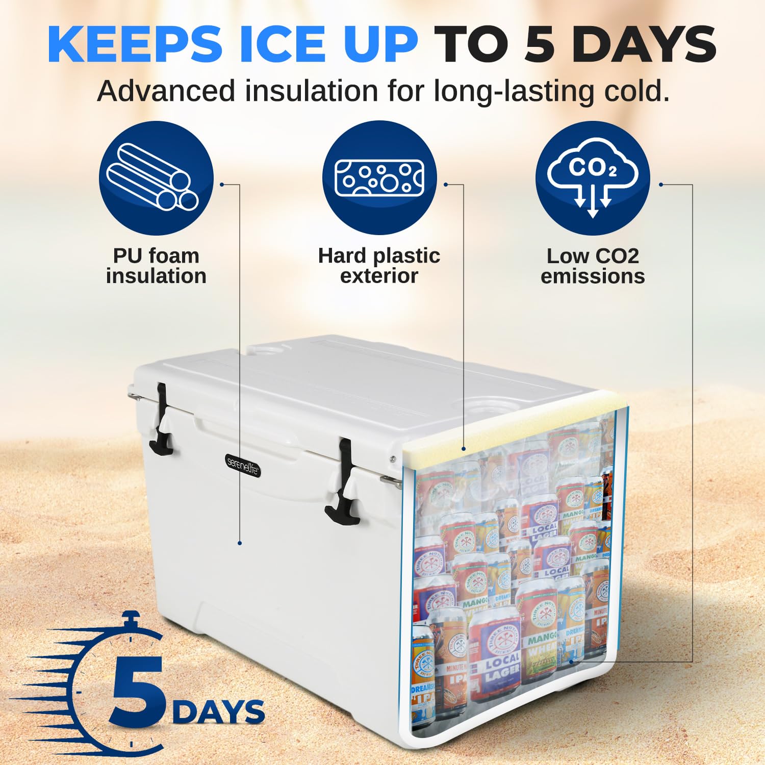 Serenelife 50 Quart Portable Cooler Box - Lightweight Heavy-Duty Travel Ice Cooler With 2-Way Handles, Drain - 5 Days Ice Retent
