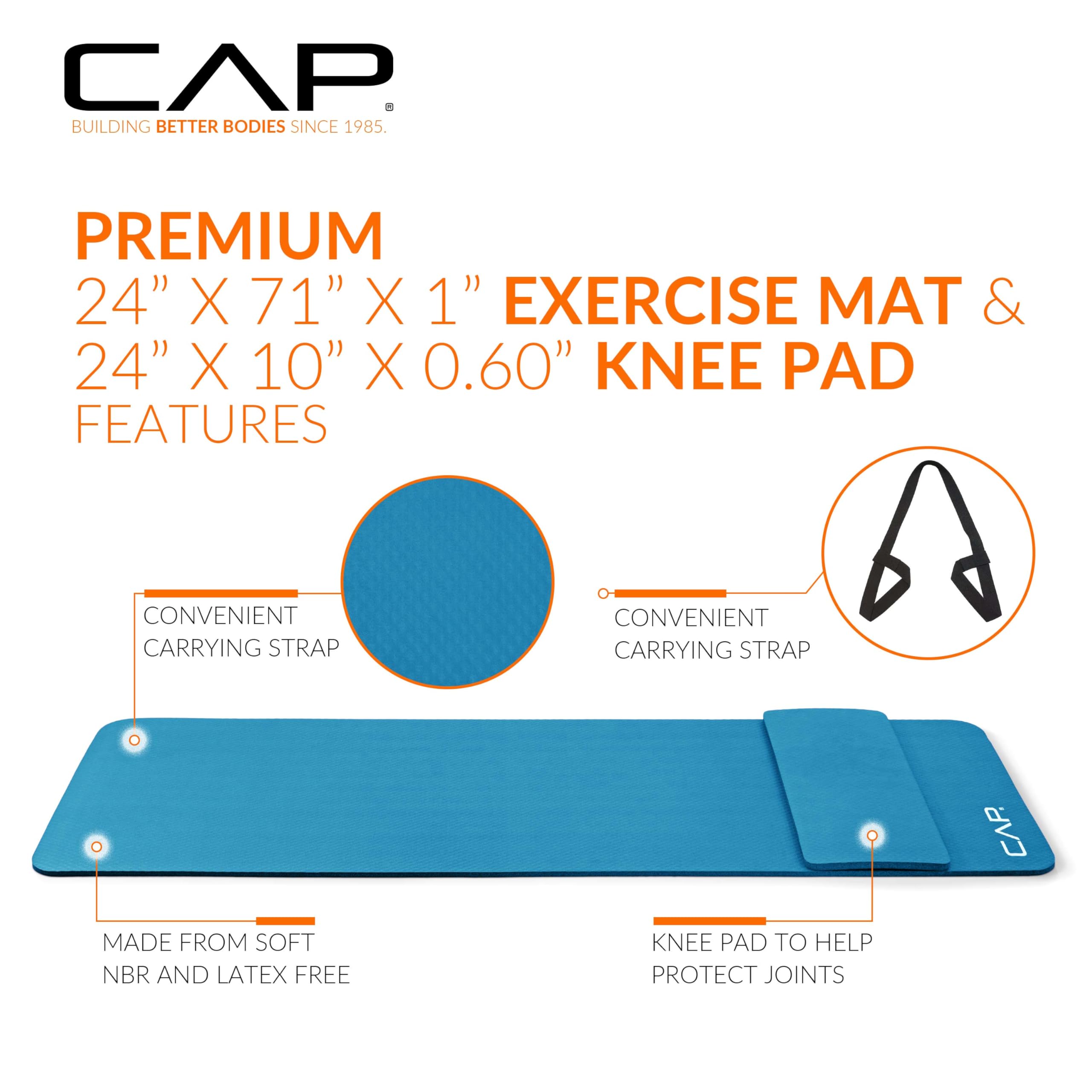 CAP Barbell High Density Exercise Yoga Mat with strap and Knee Pad 71x24x1/2 - TEAL