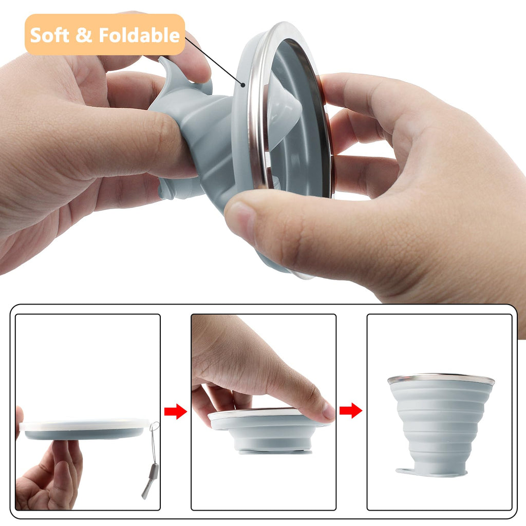 Litoexpe 4 Pack Silicone Collapsible Travel Cup Portable Folding Camping Cup Sets With Lids, Mint Green & Light Gray & Mustard Y