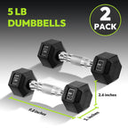 Hex Dumbbell Rubber Encased Dumbbell Strength Training Hex Dumbbell, Hand Weight For Workout & Exercise/Pair Of 5Lb