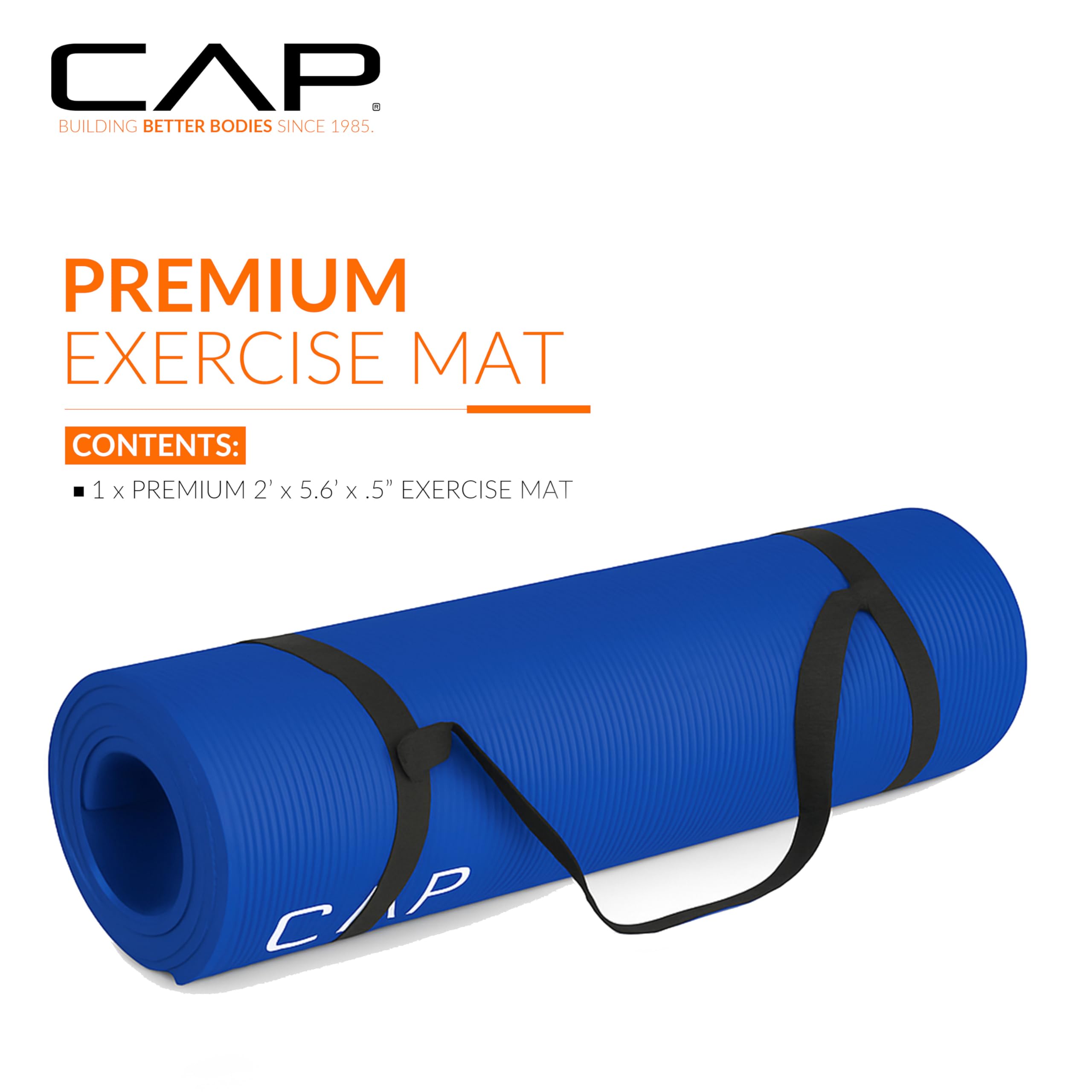 CAP Barbell High Density Exercise Yoga Mat with strap, 68x24x1/2 - Blue