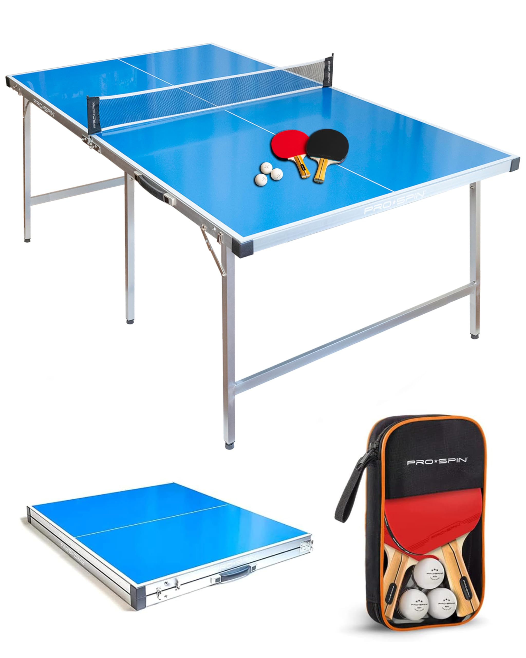 Pro-Spin Midsize Ping Pong Table Set  Outdoor/Indoor, Weatherproof  High-Performance Ping Pong Paddles & Balls  100% Pre-Assembl