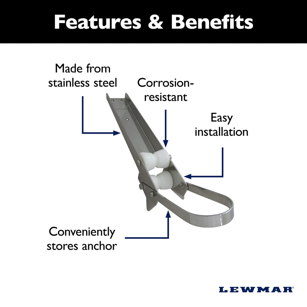 Lewmar Bow Roller For Delta Anchors 14-35 Lbs., Stainless Steel Construction, Derlin Rollers, Easy Installation, Mounting Hardwa
