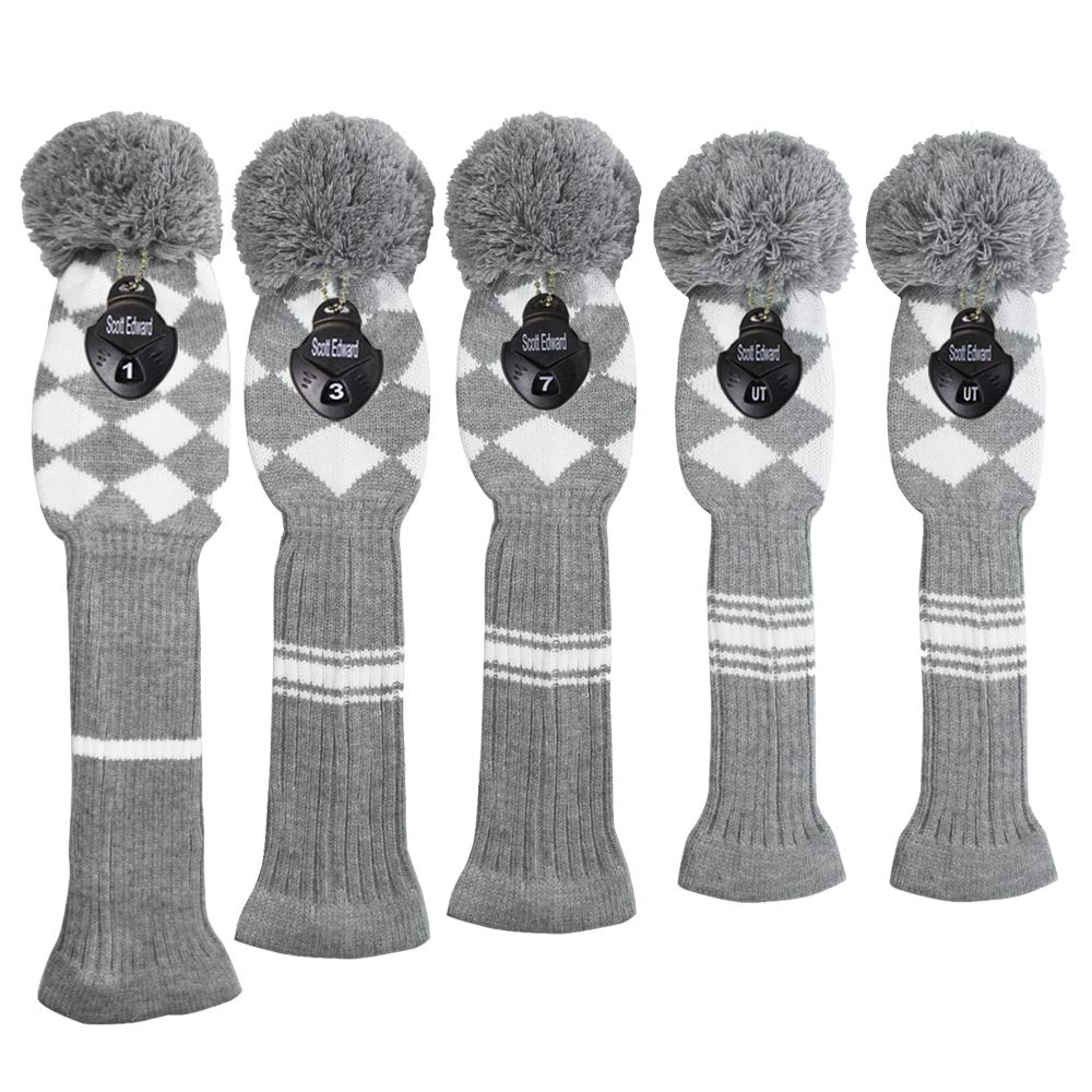Scott Edward Grey&White Argyles Golf Club Covers Set Of 5 Fit For Driver Wood(460Cc)*1,Fairway Wood*2,And Hybrid(Ut)*2,(Grey&Whi