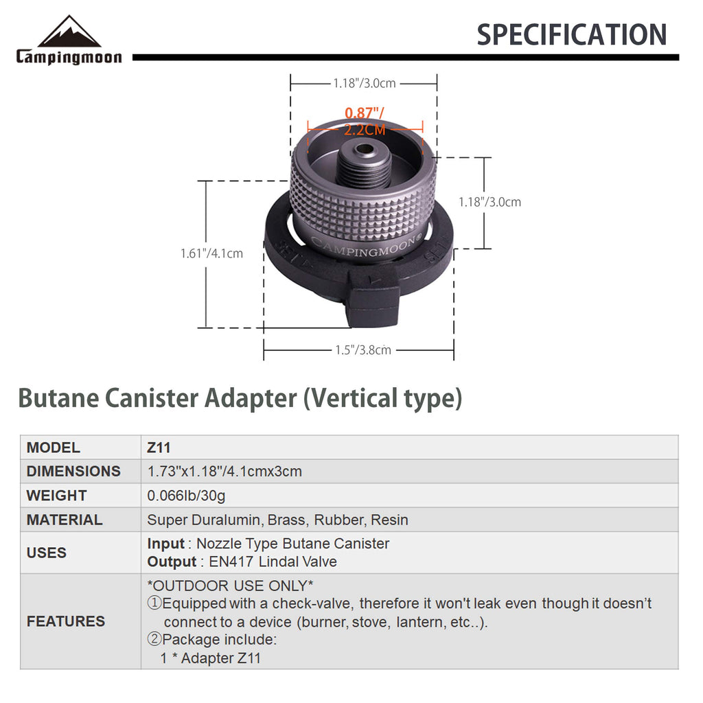 Campingmoon Camping Grill Gas Stove Adapter(Vertical Type), Input: Butane Canister, Output: En417 Lindal Valve Z11