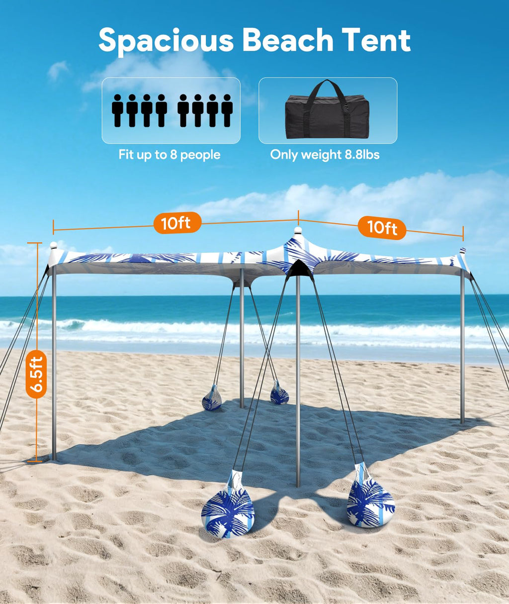 Raynesys Beach Tent Sun Shelter, 10 X 10 Ft Beach Canopy Tent Sun Shade, Upf50+ Tents Canopy With 8 Sandbags & 4 Stability Poles