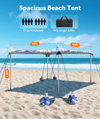 Raynesys Beach Tent Sun Shelter, 10 X 10 Ft Beach Canopy Tent Sun Shade, Upf50+ Tents Canopy With 8 Sandbags & 4 Stability Poles