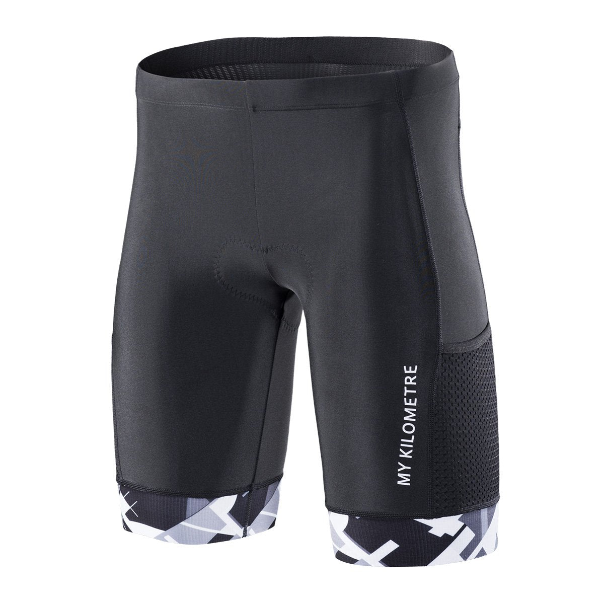 MY KILOMETRE Mens Triathlon Shorts with Adjustable Drawstring Easy Reach Leg Pockets Chamois for Long-Distance Tri Race (Black-W