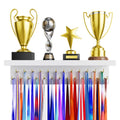 DSVENROLY Medal Holder Display Trophy Shelf Organizer, Sturdy Wooden Race Award Hanger Rack with 25 Steel Hooks, Wall Mount Stor