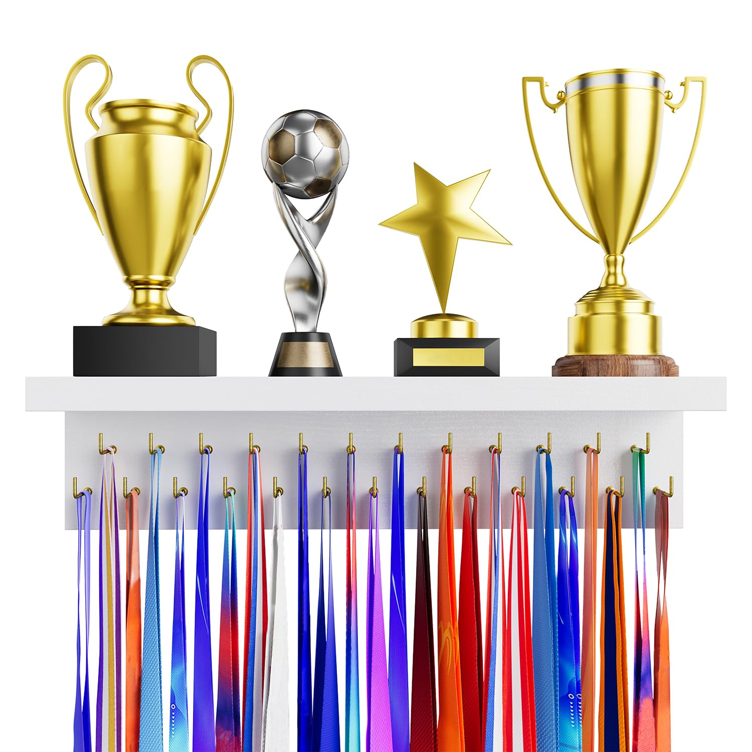 DSVENROLY Medal Holder Display Trophy Shelf Organizer, Sturdy Wooden Race Award Hanger Rack with 25 Steel Hooks, Wall Mount Stor