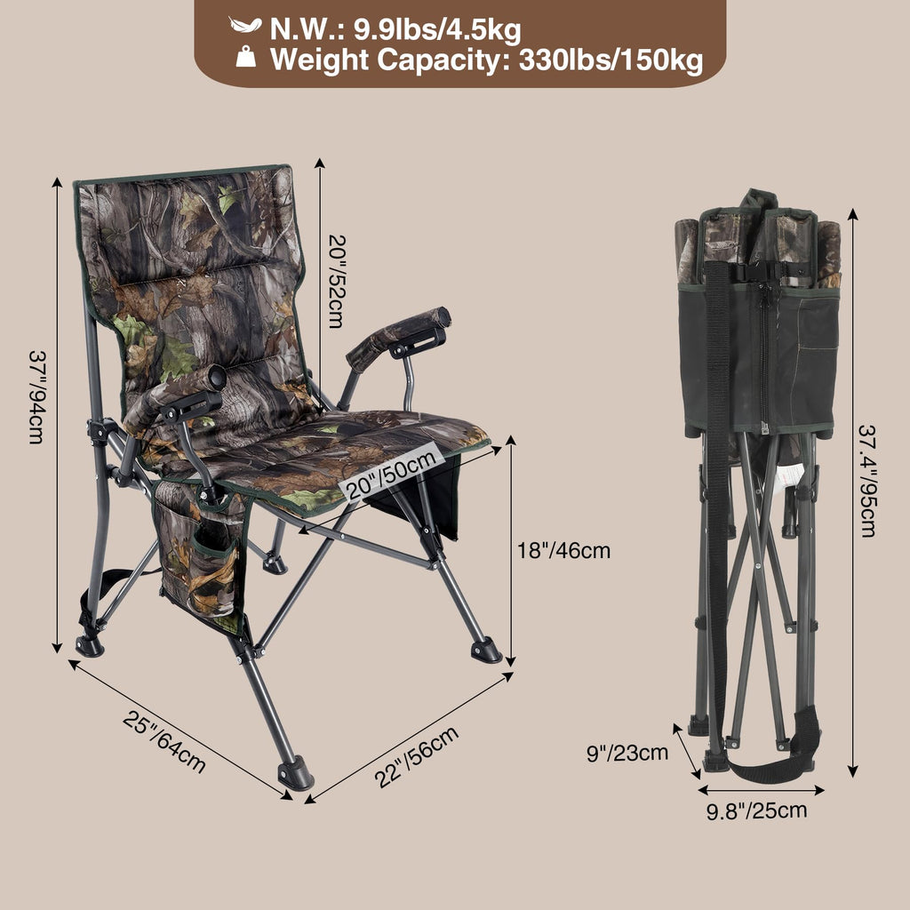 Redcamp Oversized Folding Camping Chair For Adults, Support 330Lbs Heavy Duty Fully Padded Hunting Chair With Cup Holder Side Po