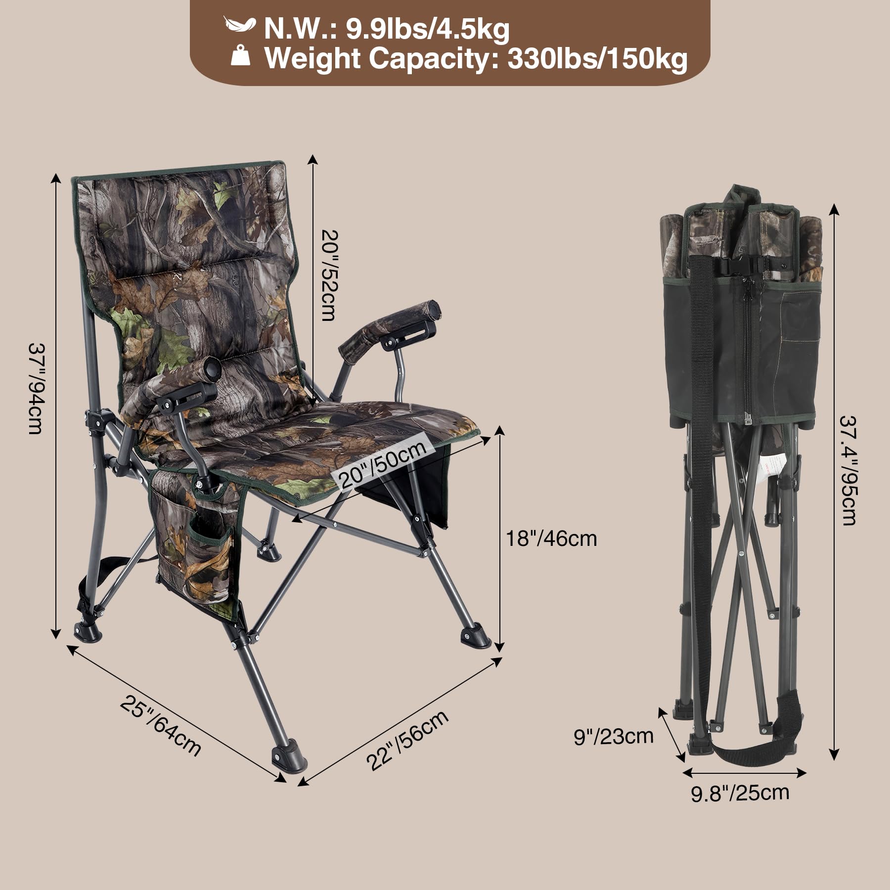 Redcamp Oversized Folding Camping Chair For Adults, Support 330Lbs Heavy Duty Fully Padded Hunting Chair With Cup Holder Side Po
