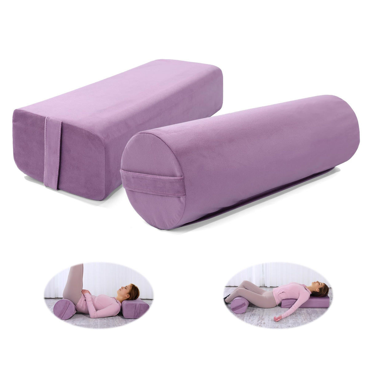 MABOZOO Yoga Bolster Set, Velvet Cover High Density Foam Pillows for Restorative Yoga and Meditation, Rectangular and Cylinder B