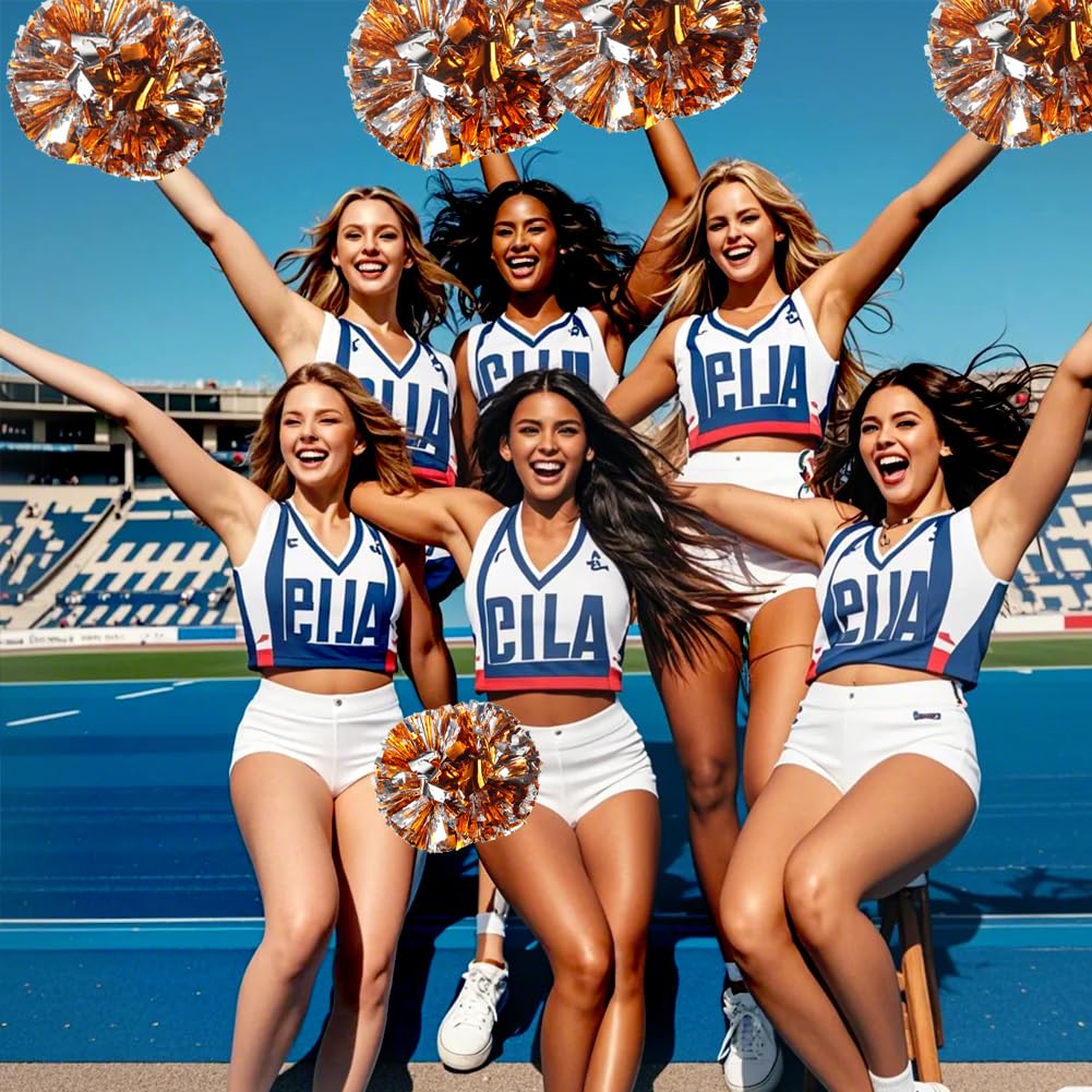Lovecheer 2Pcs Orange And Silver Cheer Pom Poms Metallic Pom Poms Cheerleading With Handle For Sports Team Spirits Cheerleader D