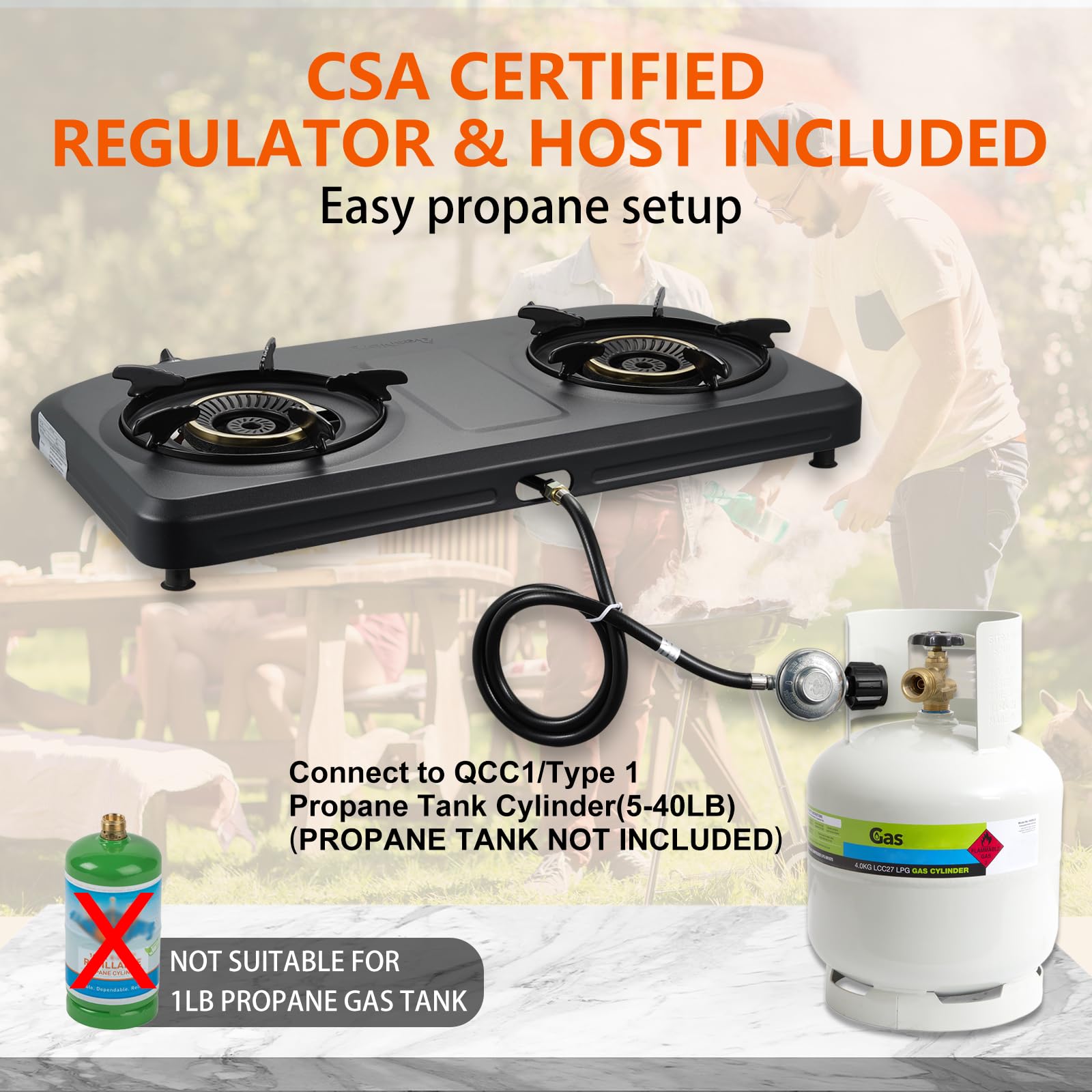 Besnerg Propane Stove 2 Burner Gas Stove Top, 27200 Btu High-Efficiency Lpg Metal Cooktop With Auto Ignition, Csa Regulator And