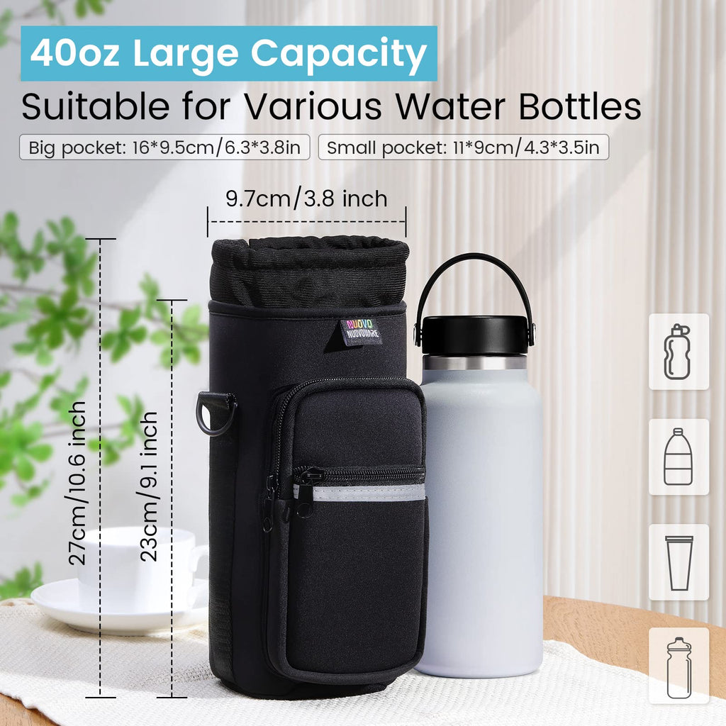 Nuovoware Water Bottle Carrier Bag, 40 Oz Bottle Pouch Holder, Adjustable Shoulder Hand Strap 2 Pocket Sling Neoprene Sleeve Spo