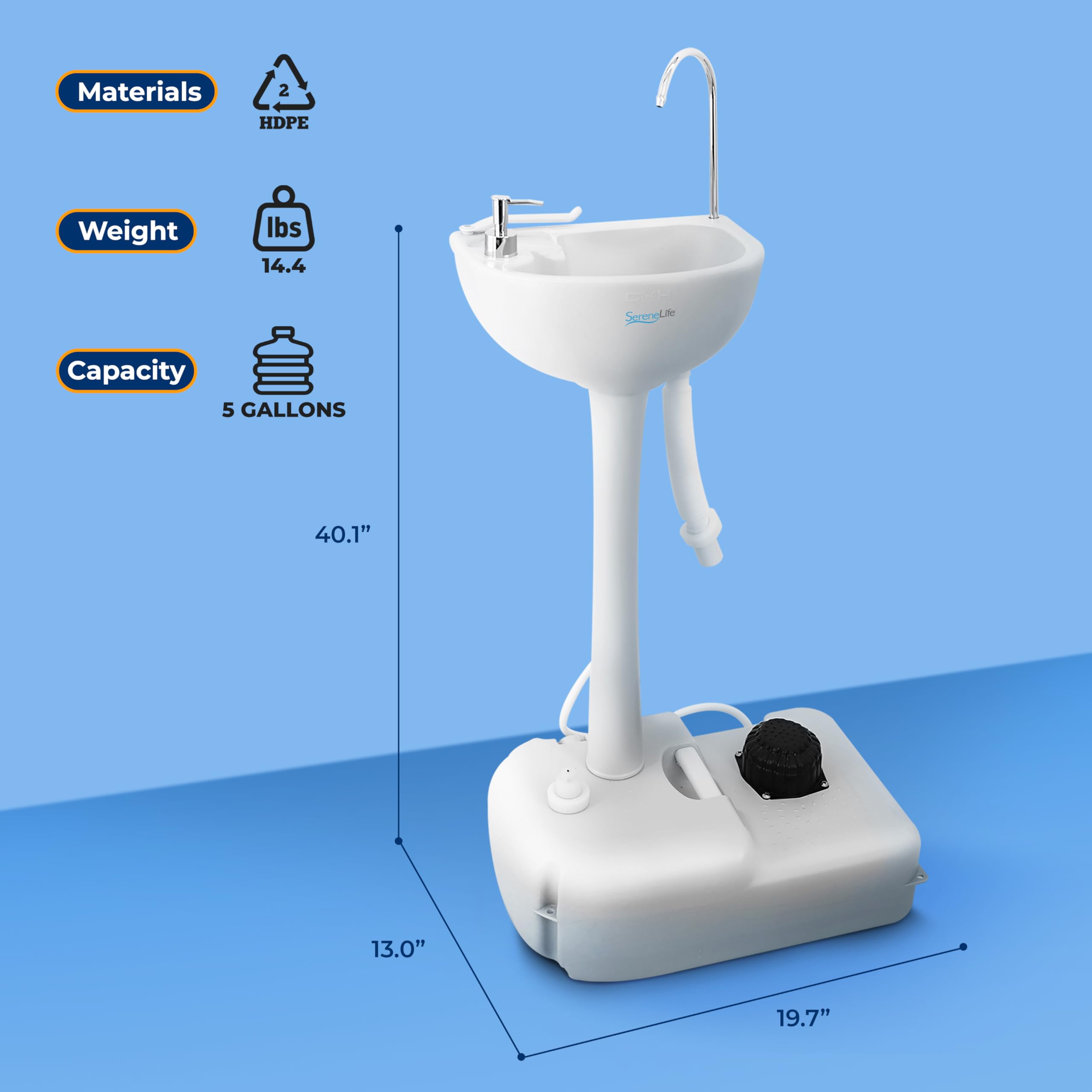 Serenelife Portable Camping Sink W/Towel Holder & Soap Dispenser-19L Water Capacity Hand Wash Basin Stand W/Rolling Wheels-For O