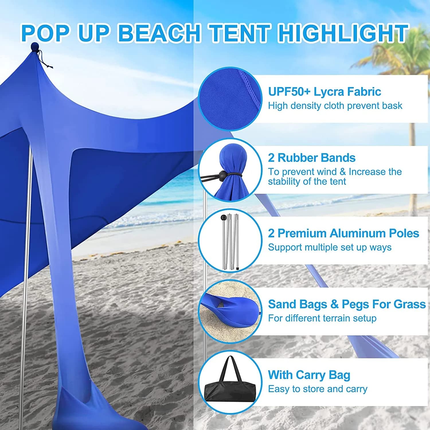 Yuewo Beach Canopy Tent Sun Shade With Upf 50+ Uv Protection, Beach Tent Sun Shelter With Sandbags, Poles And Ground Pegs And An