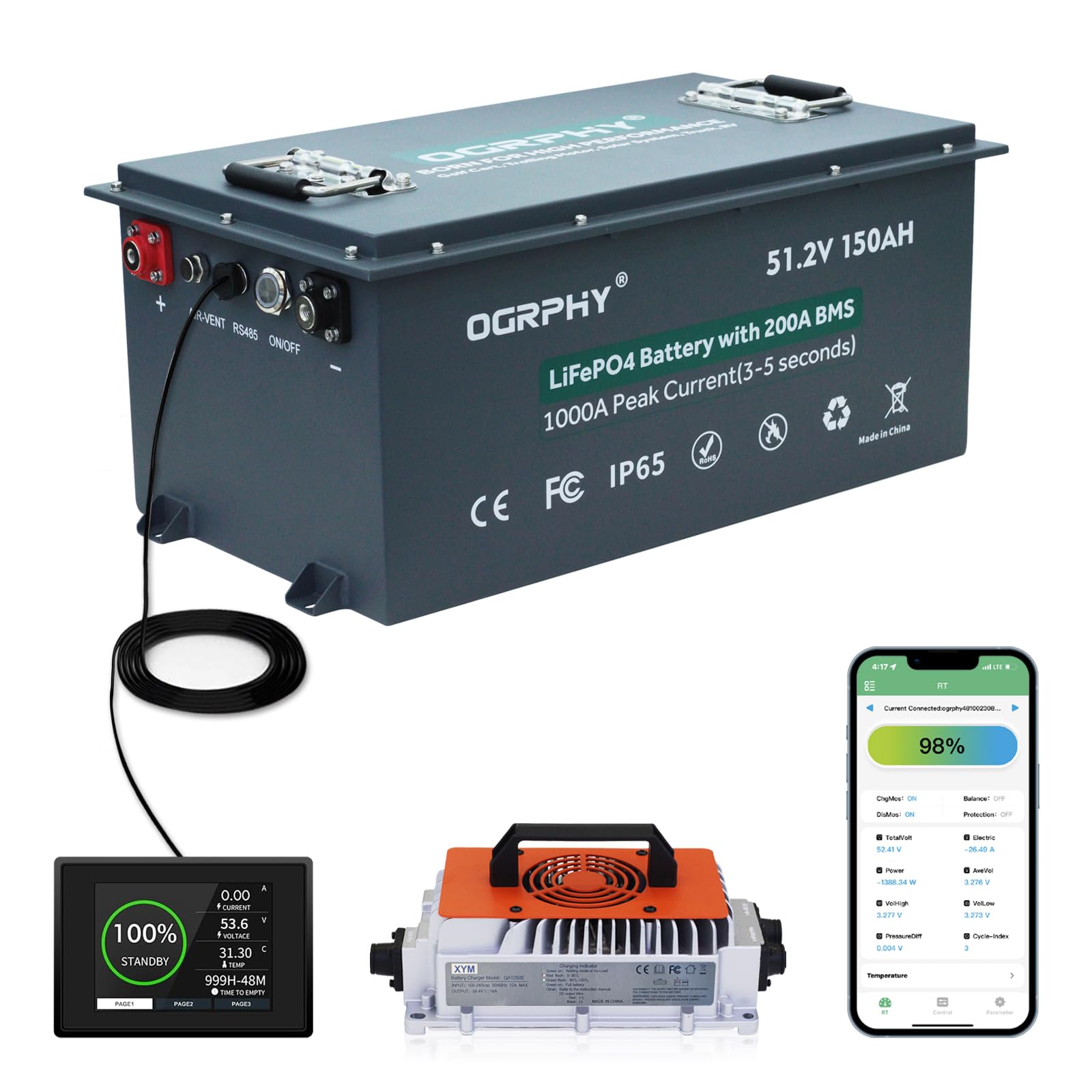 OGRPHY 48V 150AH Lithium Golf Cart Battery with Charger, Built in 200A BMS with Touch Monitor & Mobile APP, 48V Lithium Battery 