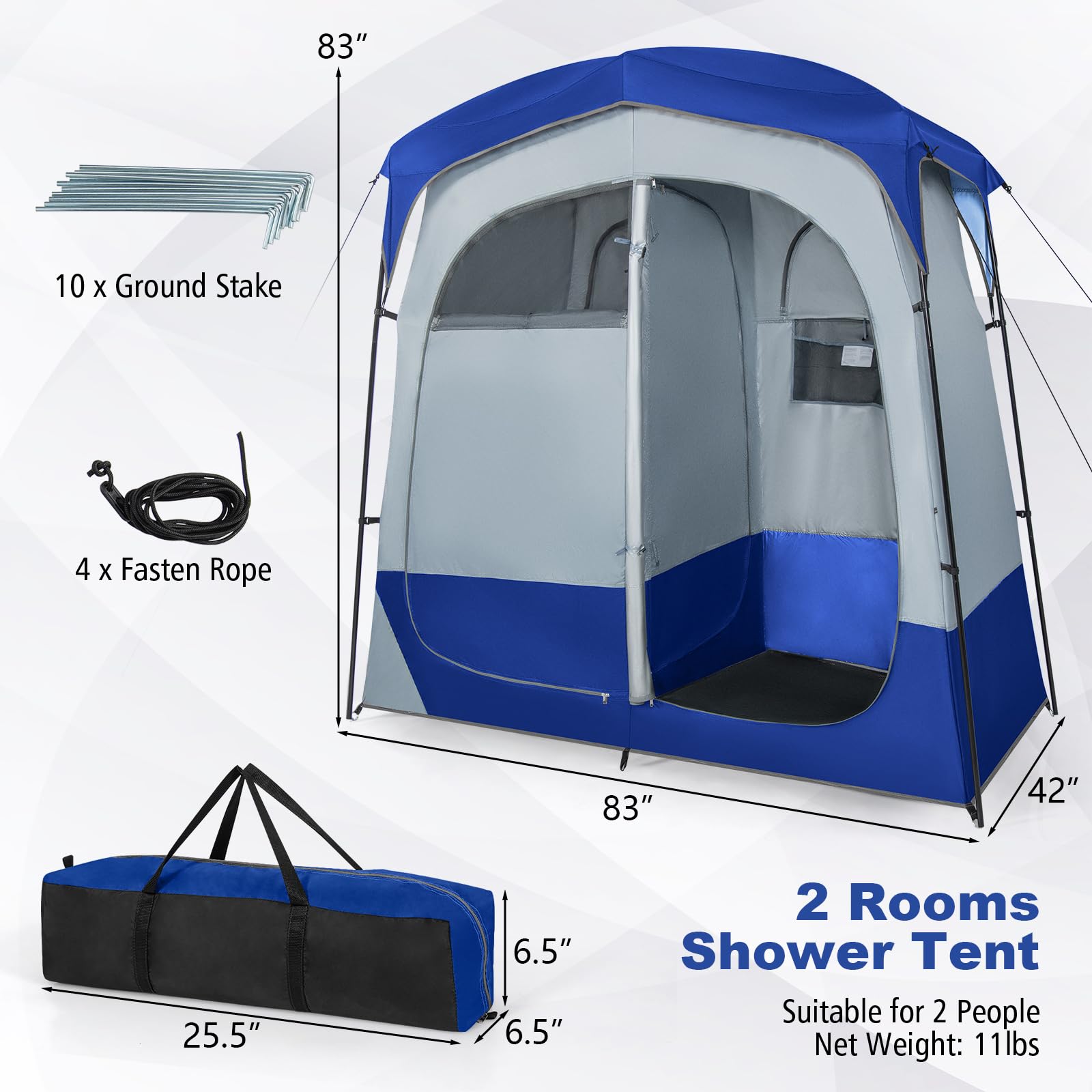 Tangkula Double Room Shower Tent, Oversize Space Privacy Outdoor Changing Tent With Floor, Removable Rain Fly, Inside Pocket, Cl