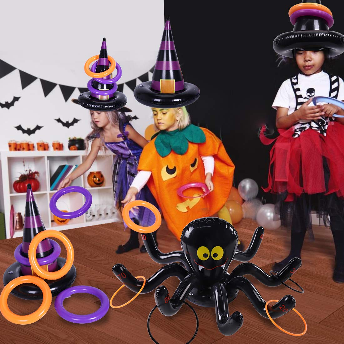 Max Fun Halloween Ring Toss Games Inflatable Spiders Ring Toss Witchs Hat Toss Game For Kids Halloween Party Favors Indoors Outd