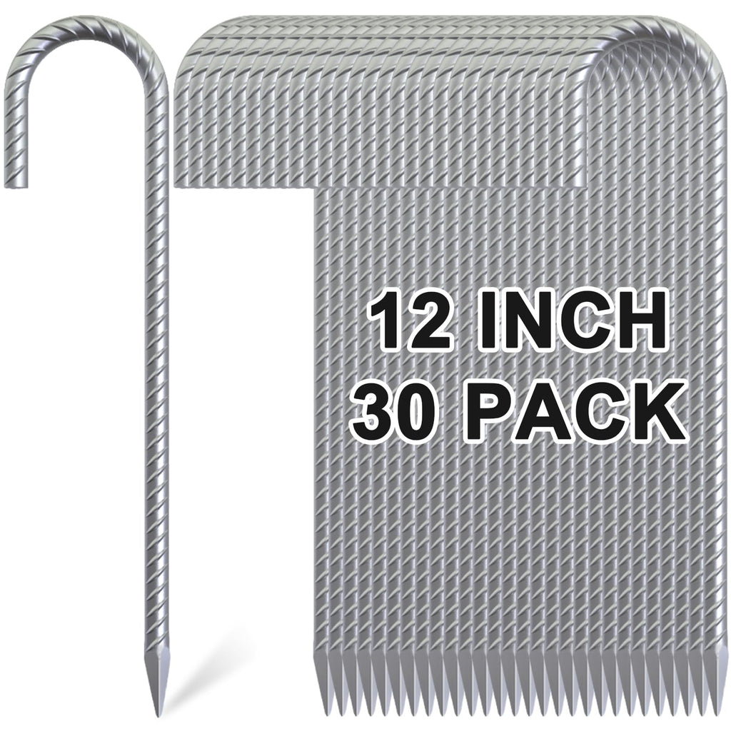 Ok5Star 30 Pack 12'' Ground Rebar Stakes Heavy Duty J Hook Ground Anchors, Curved Steel Plant Support Garden Stake Anti Rust Gal