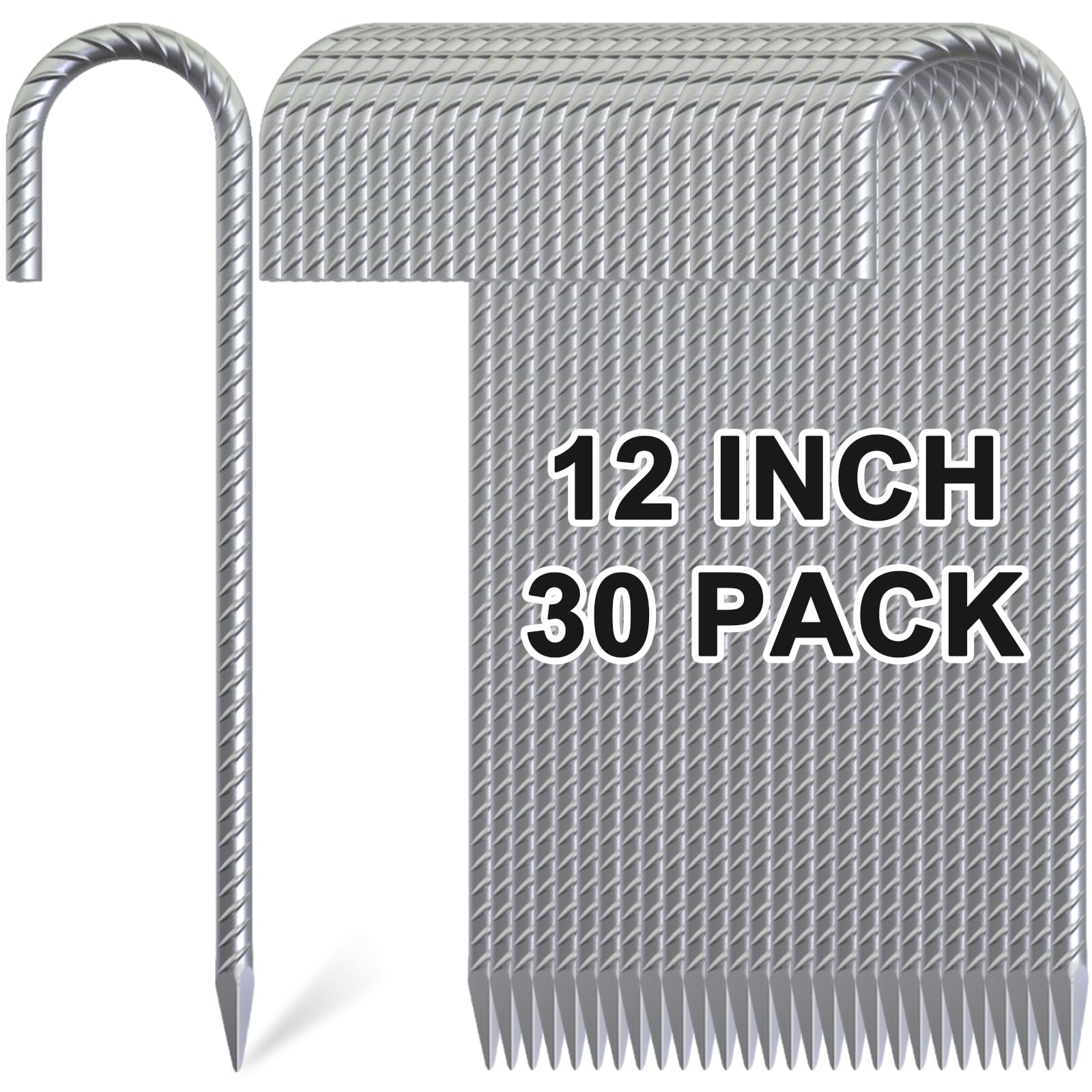 Ok5Star 30 Pack 12'' Ground Rebar Stakes Heavy Duty J Hook Ground Anchors, Curved Steel Plant Support Garden Stake Anti Rust Gal
