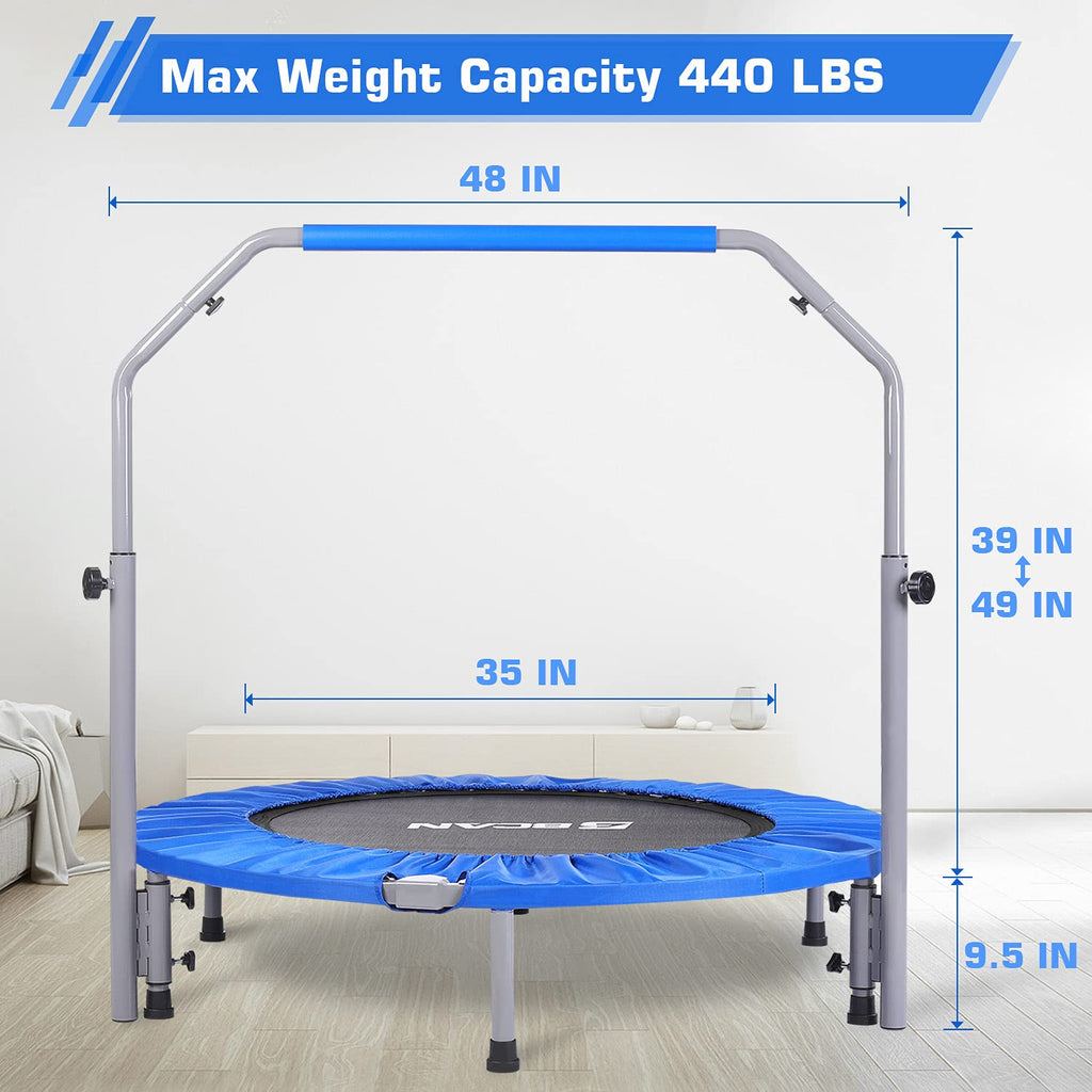 BCAN 40/48 Foldable Mini Trampoline Max Load 330lbs/440lbs, Fitness Rebounder with Adjustable Foam Handle, Exercise Trampoline f