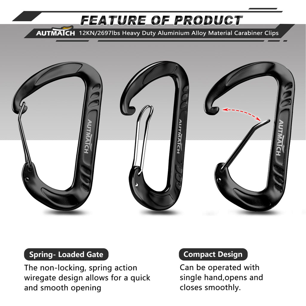 Autmatch Carabiner Clips, 3'' Aluminium Spring Snap Hook Caribeener Clips, 12Kn Heavy Duty Wiregate Carabiners For Camping, Back