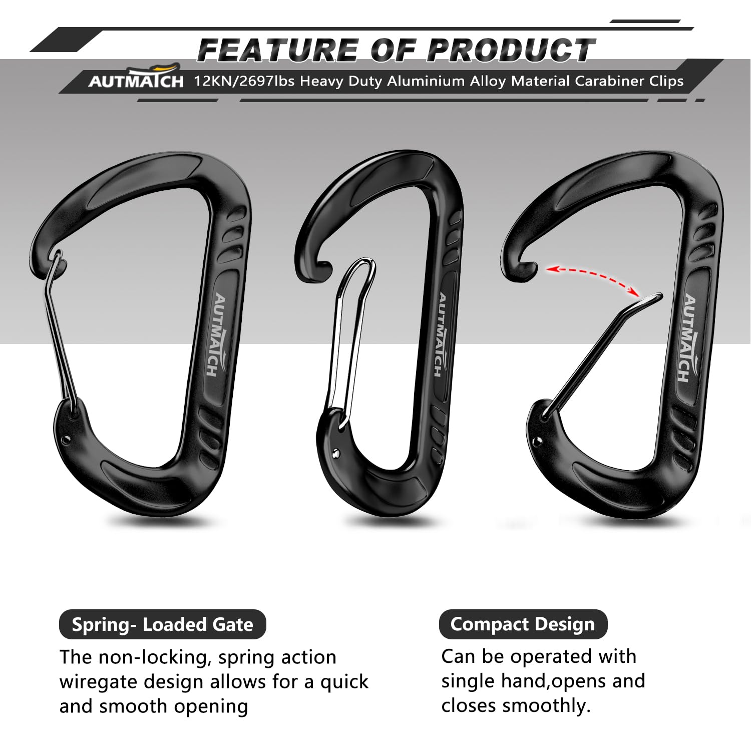 Autmatch Carabiner Clips, 3'' Aluminium Spring Snap Hook Caribeener Clips, 12Kn Heavy Duty Wiregate Carabiners For Camping, Back