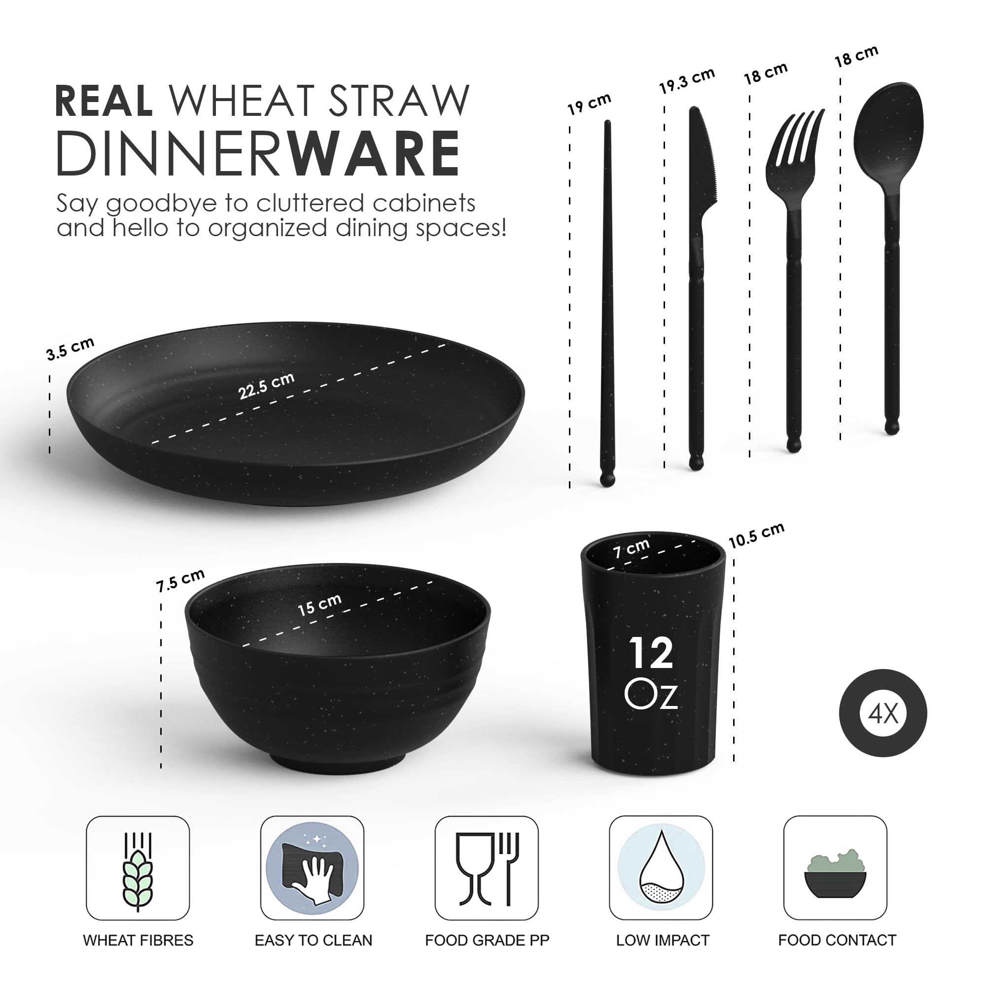 Dinethics Wheat Straw Dinnerware Sets For 4 - Alternate To Black Plastic Dishes - Dishwasher Microwave Safe Plates And Bowls Set
