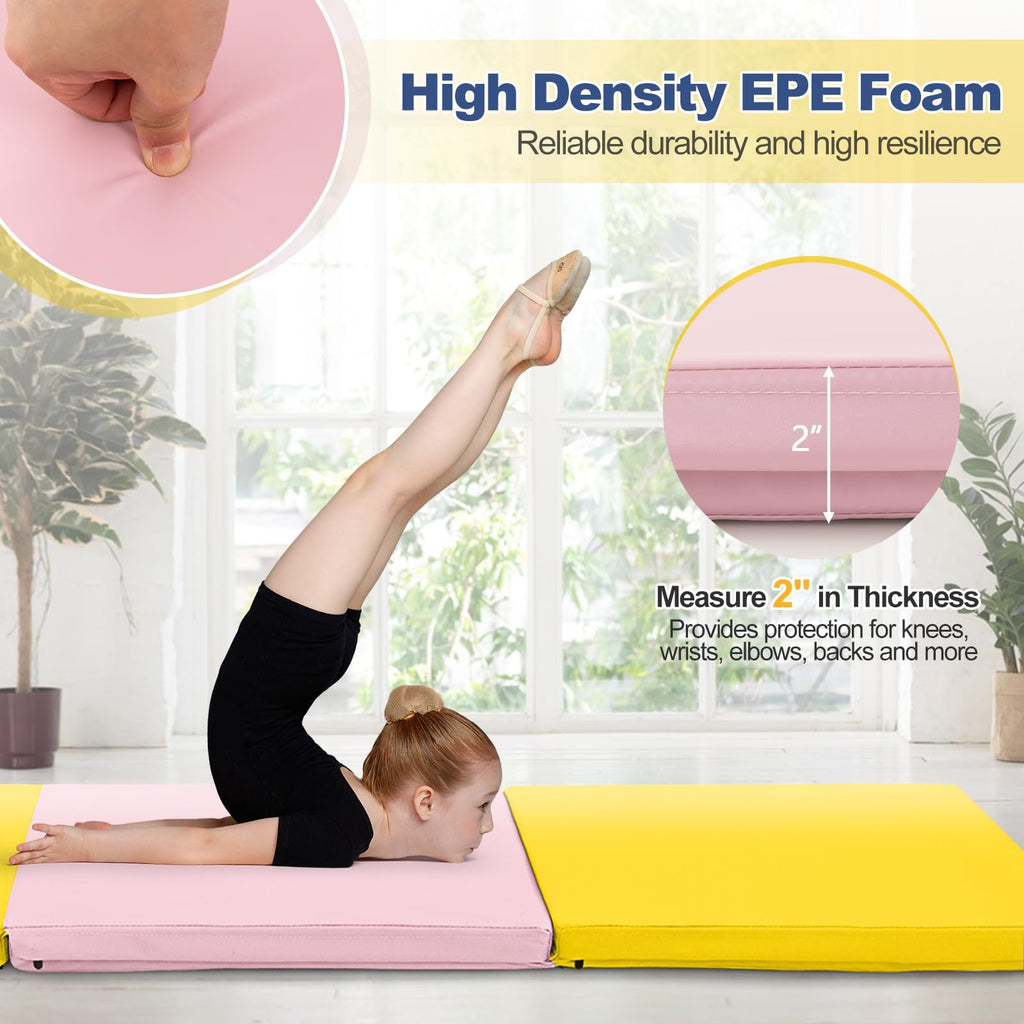 Goplus Folding Gymnastics Mat, Tri-Fold 6X 2X 2? Tumbling Exercise Gym Mat With Pu Leather Cover, Hook & Loop Fastener & Carryin