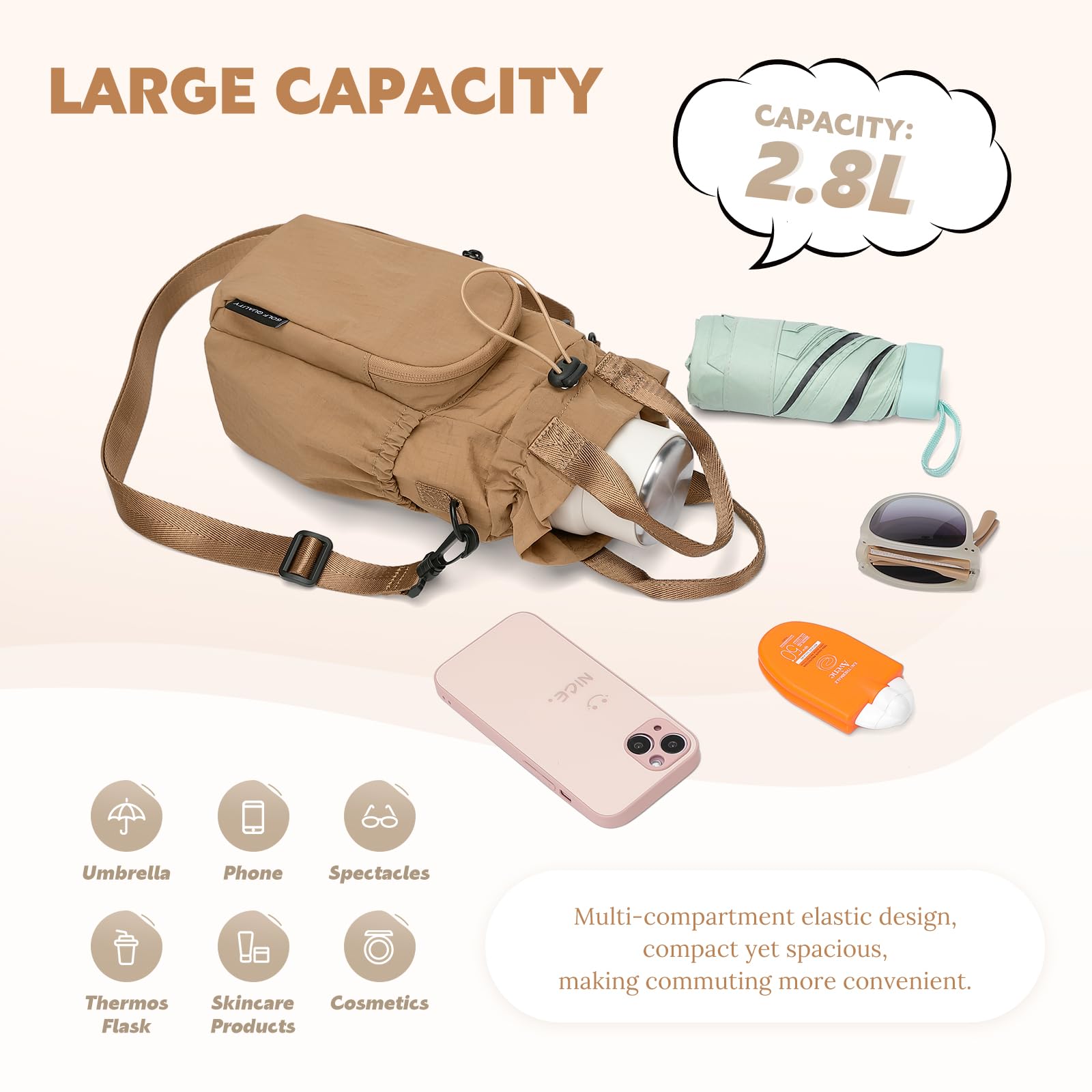 GOLF QUALITY Large Water Bottle Bag for 32/40/42//64oz Water Bottle,Casual Drawstring Crossbody Water Cup Bag,Brown