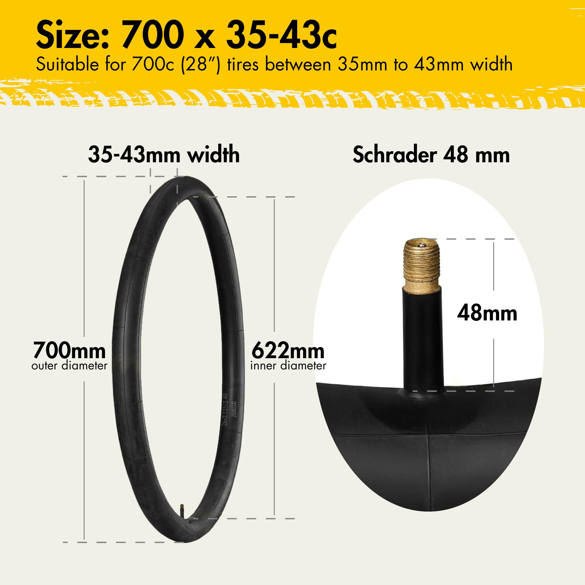Lotfancy 28'' 700X35/37/38/40/42/43C Bike Tubes, Packof 2, 48Mm Schrader Valve, 700C Road Bicycle Tire Tube