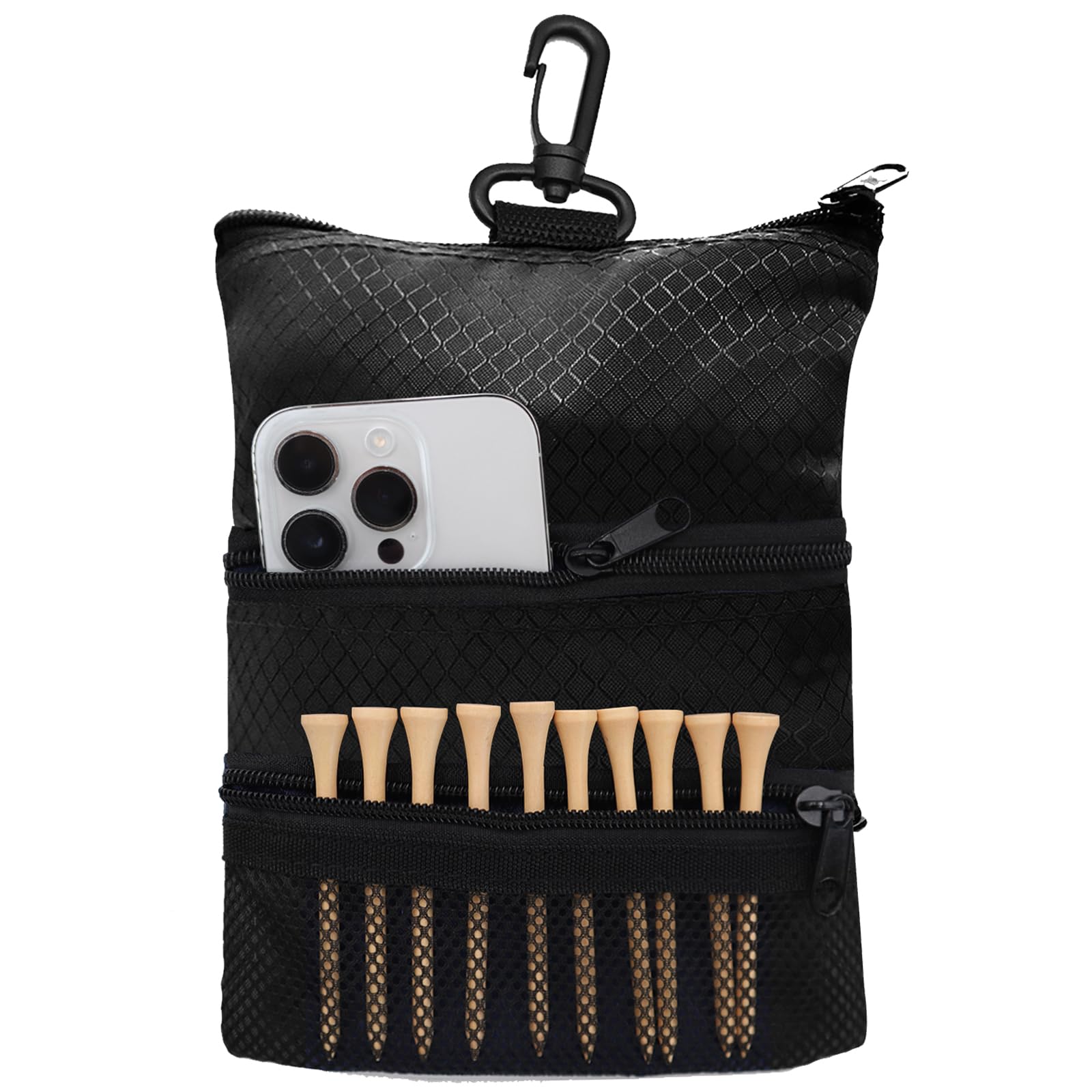 Amy Sport Golf Bag Accessories Valuables Pouch Bags Multi Pocket Zipper Hook with 10 Pcs Wood Golf Tees for Men Women (Black)