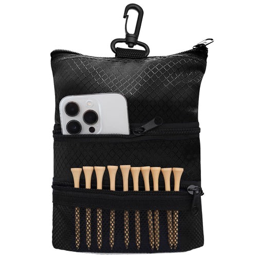 Amy Sport Golf Bag Accessories Valuables Pouch Bags Multi Pocket Zipper Hook with 10 Pcs Wood Golf Tees for Men Women (Black)
