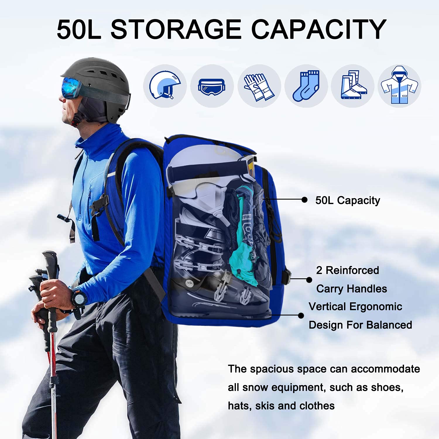 Hamish Ski Boot Bag,50L Waterproof Ski Boots Bag Backpack,Snowboard Travel Lightweight Ski Bag Backpack For Ski Helmet, Goggles,