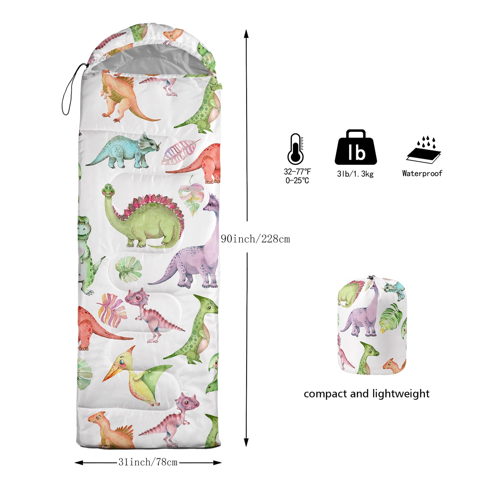 Bsntho Cartoon Dinosaur Camping Sleeping Bags,3 Season Warm & Cool Weather,Lightweight,Waterproof Sleeping Bags For Adults & Kid