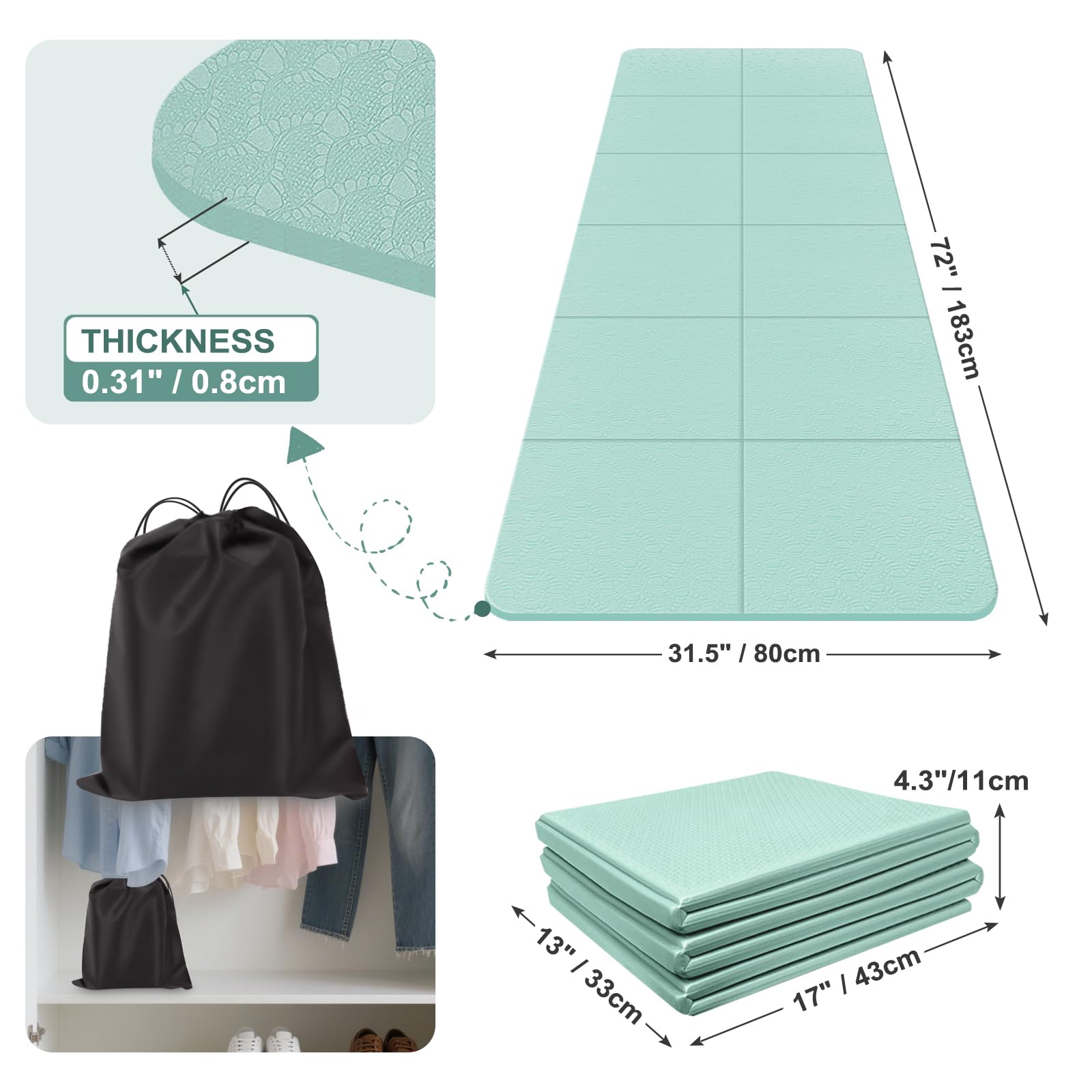 Foldable Yoga Mat for Travel 72x 32x 0.32Inch, 8mm Thick Folding Exercise Mat, Outdoor Non-slip Pilates Mat for Women & Men, Wid