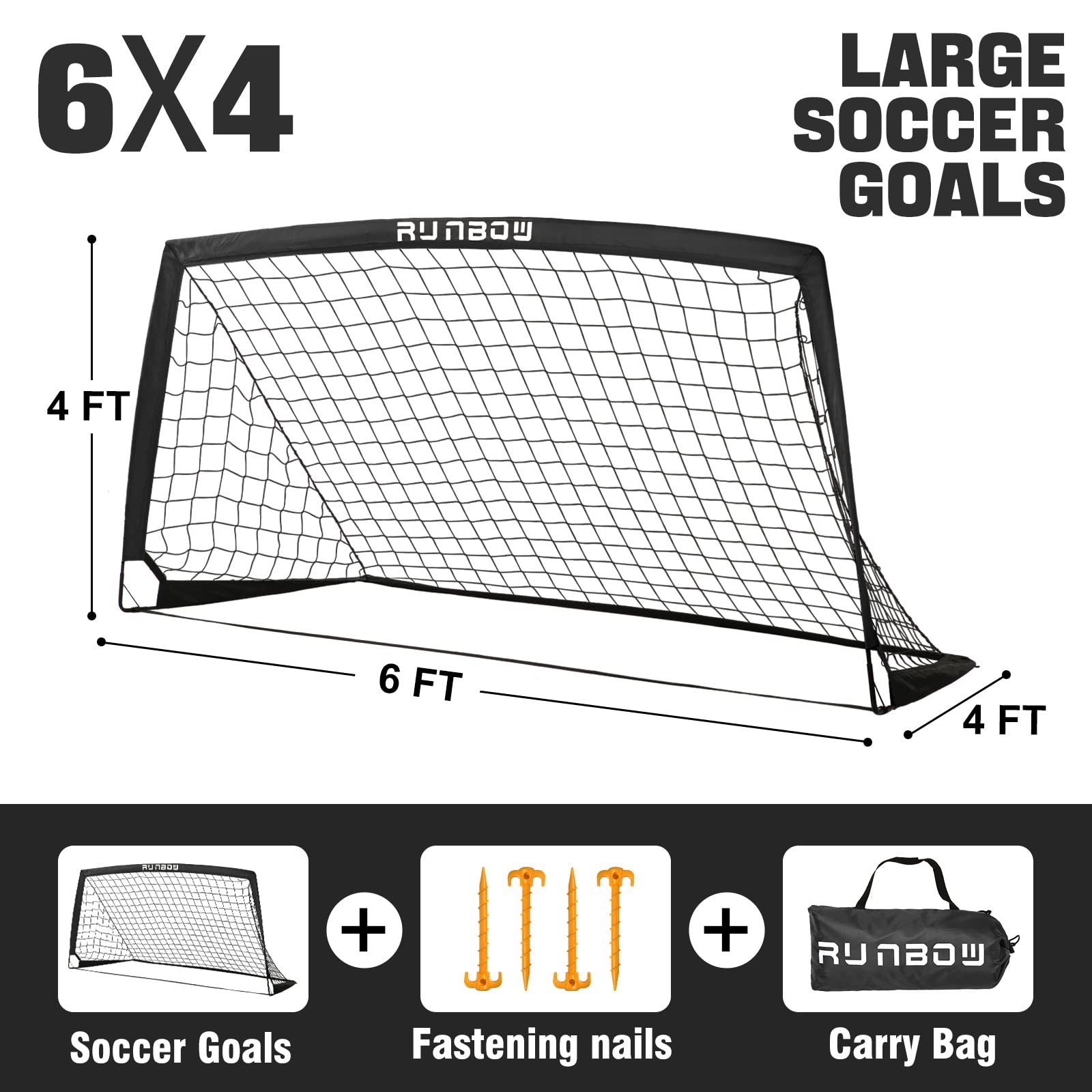 Runbow 6X4 Ft Portable Kids Soccer Goal For Backyard Practice Soccer Net With Carry Bag (6X4 Ft, Black, 1 Pack)