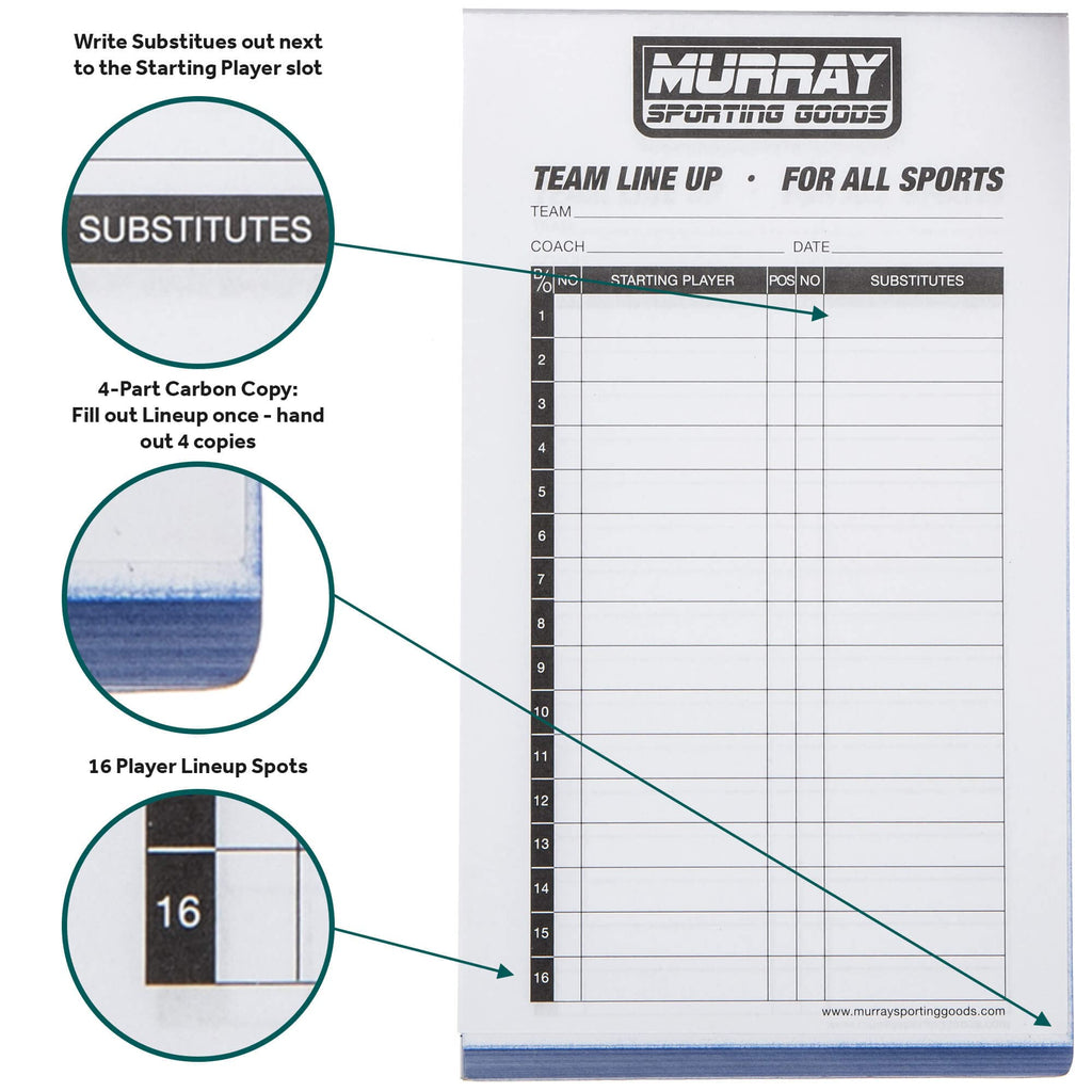 Murray Sporting Goods Baseball/Softball Lineup Cards - 30 Games With 16 Player Roster Lineup Sheet (4-Part Carbon Copies)