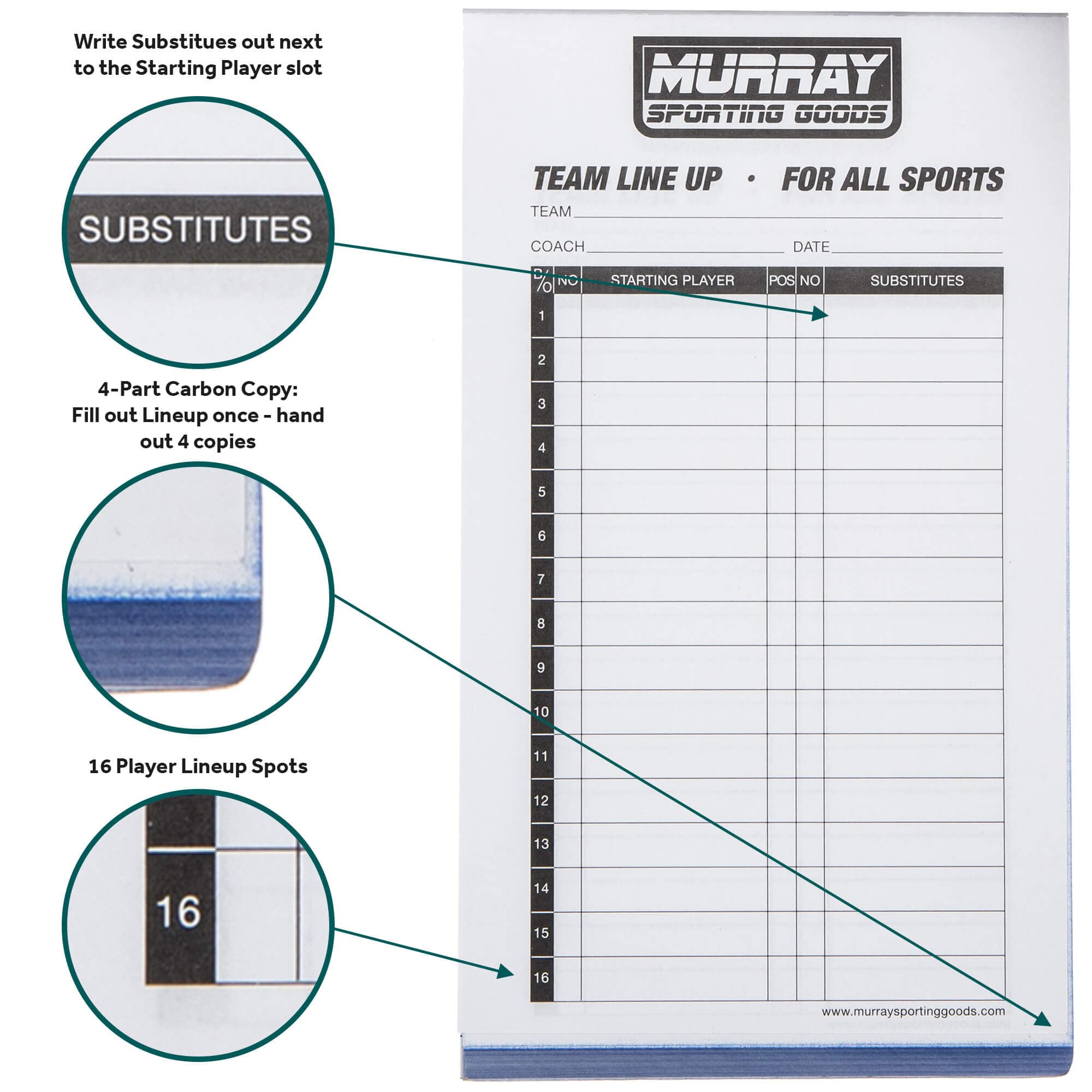 Murray Sporting Goods Baseball/Softball Lineup Cards - 30 Games With 16 Player Roster Lineup Sheet (4-Part Carbon Copies)