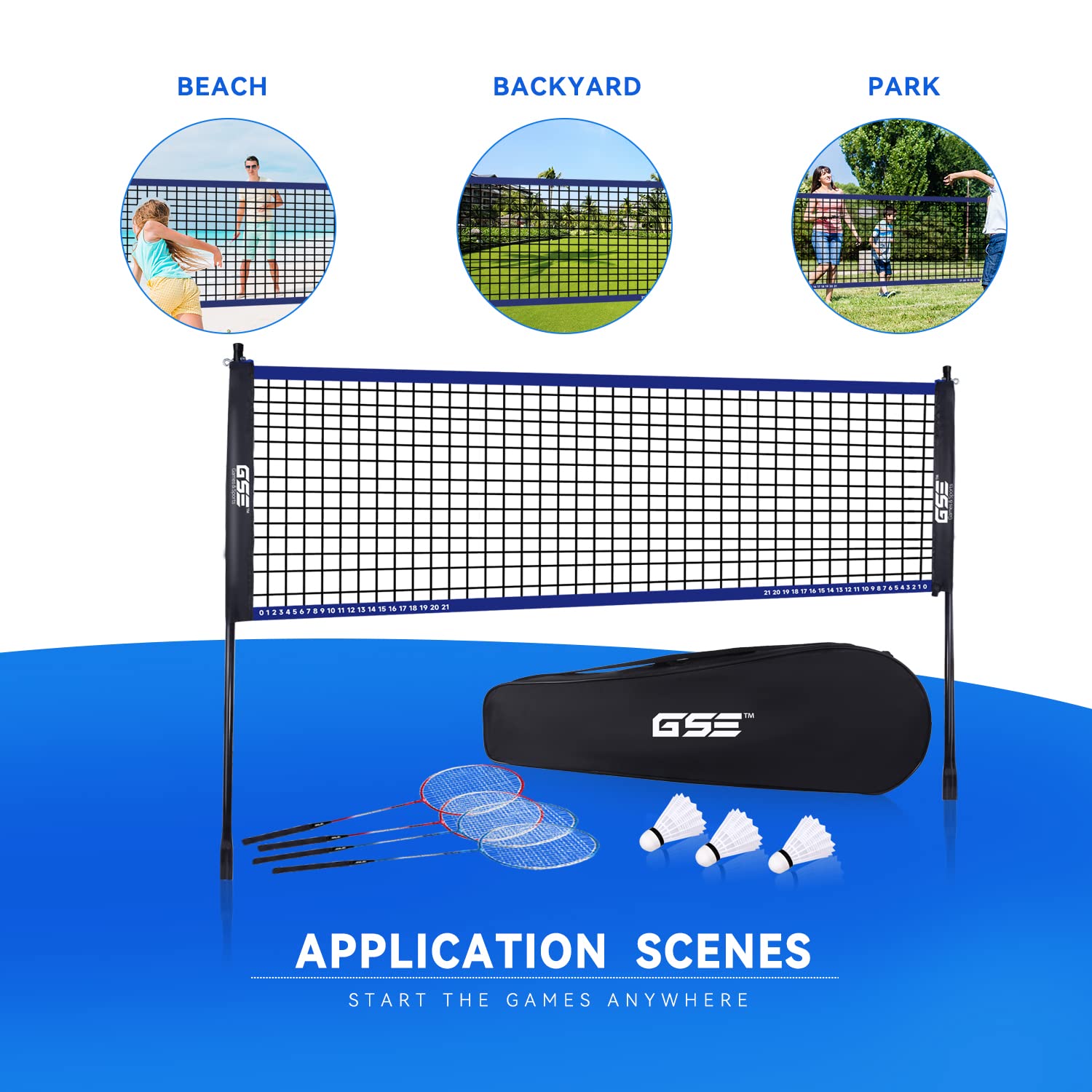 Gse Games & Sports Expert Recreational Badminton Complete Set, 4 Players Outdoor Sports Game Set With Portable Badminton Net, 4