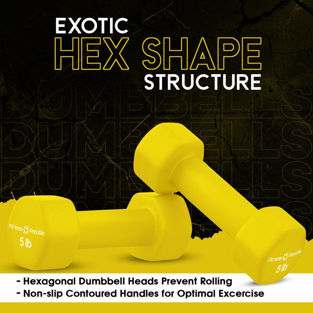 Fitness Republic 5Lb Neoprene Workout Dumbbells Set Of 2 - Non Slip, Anti Roll Exercise & Fitness Dumbbells - Hex Shaped Hand We