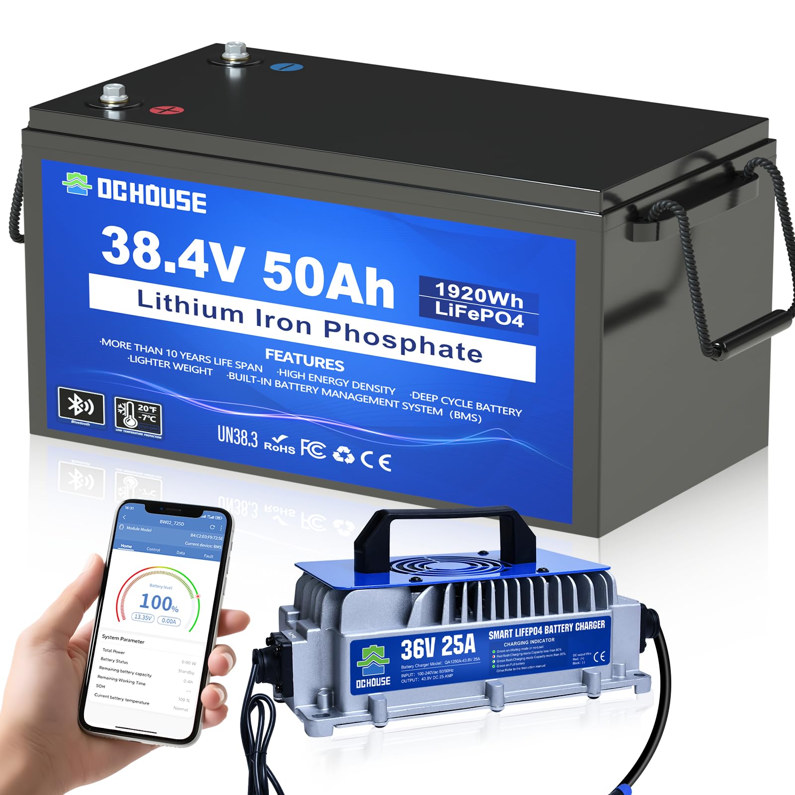 DC HOUSE 36V 50AH Lithium Golf Carts Battery,Lifepo4 Battery with 36V 25A Charger, Built-in 2C 100A Bluetooth BMS, Low Temperatu